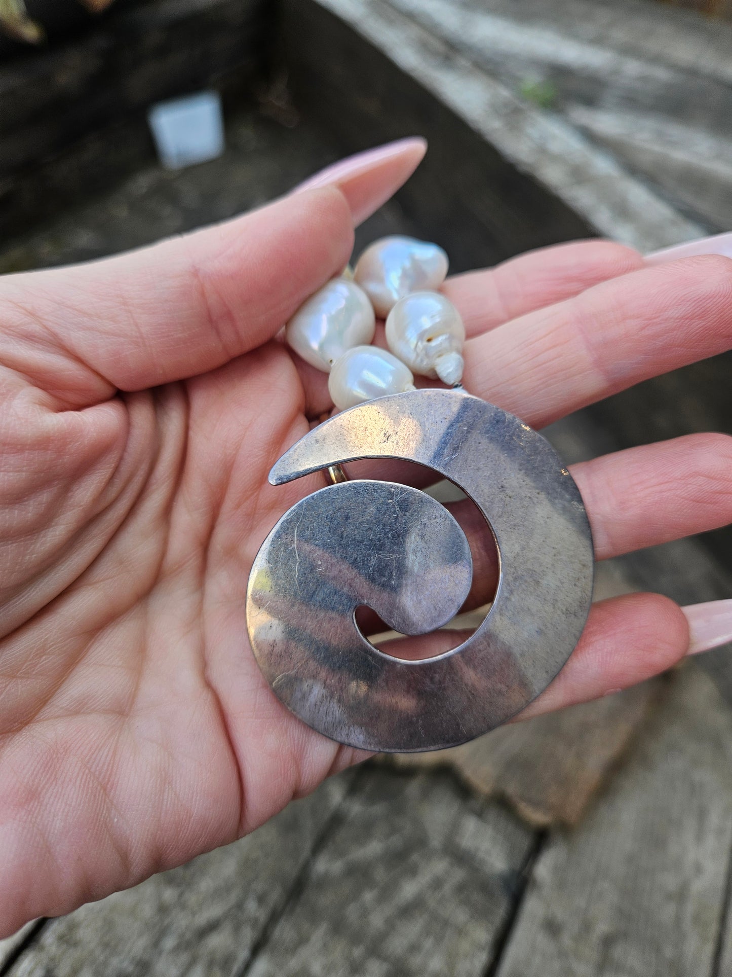 Baroque Pearl and Silver Swirl Necklace