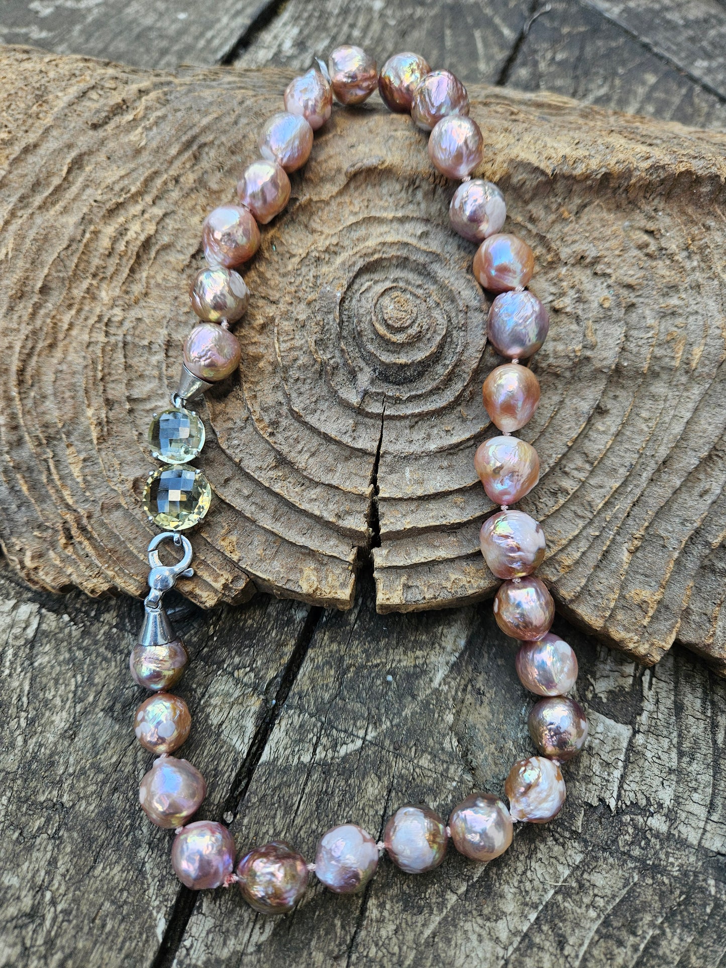 Antique Pink Pearls with Lemon Quartz Clasp