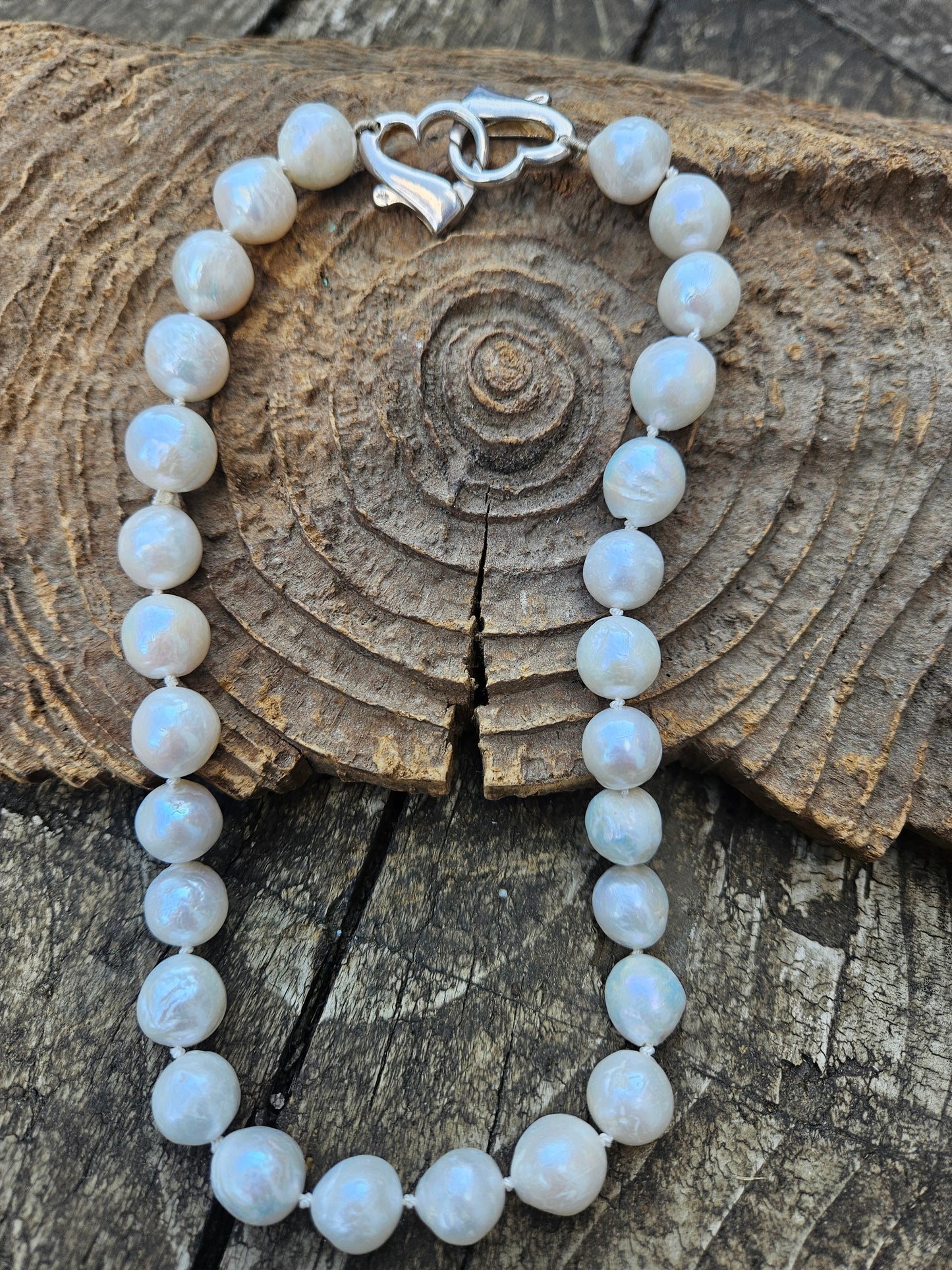 Large Pearl and Silver Heart Clasp Necklace