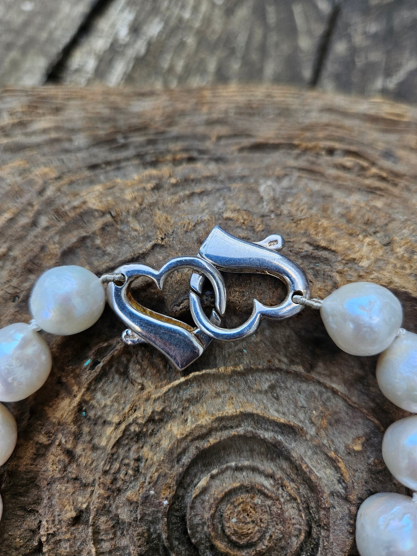 Large Pearl and Silver Heart Clasp Necklace