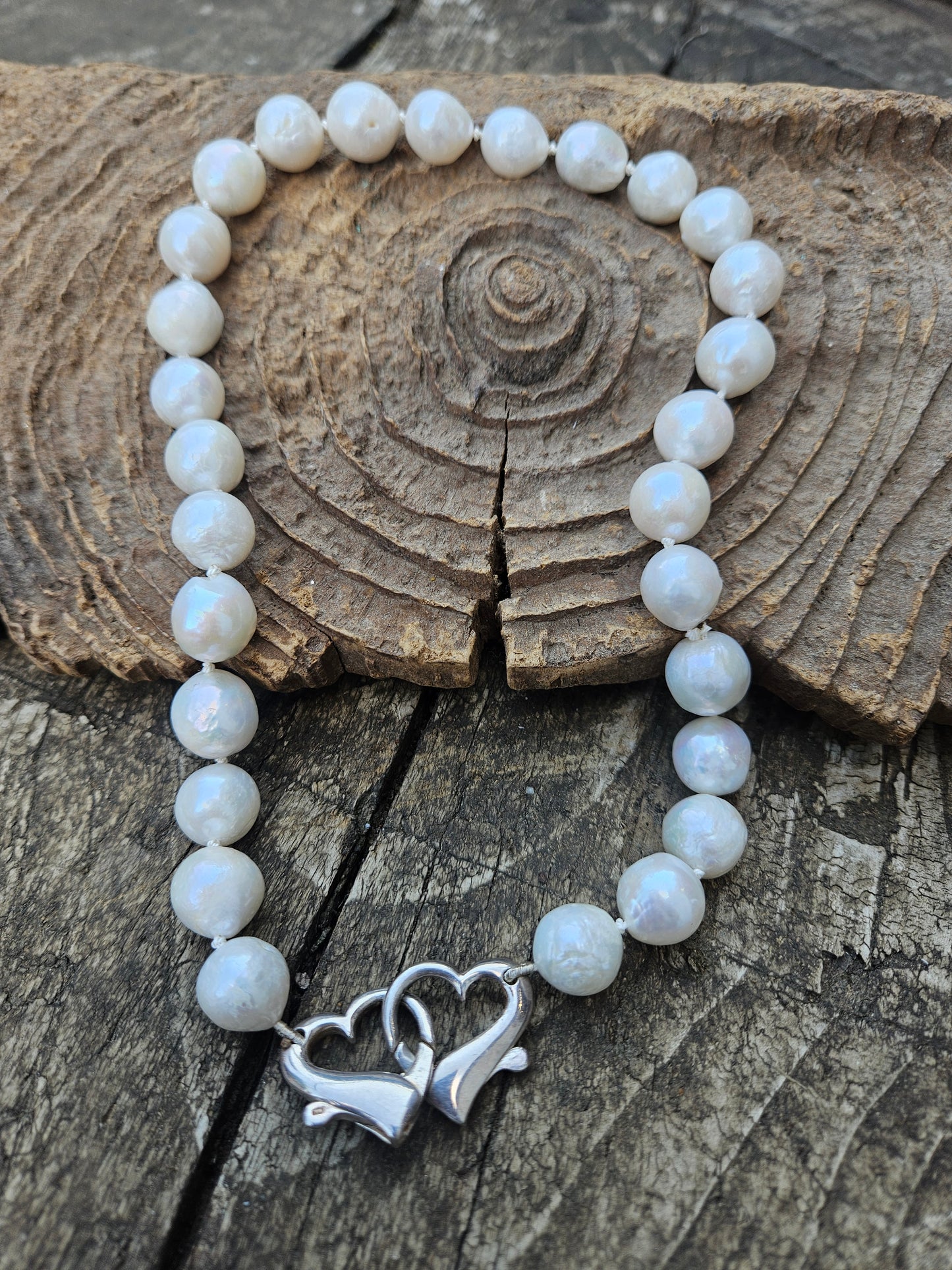 Large Pearl and Silver Heart Clasp Necklace