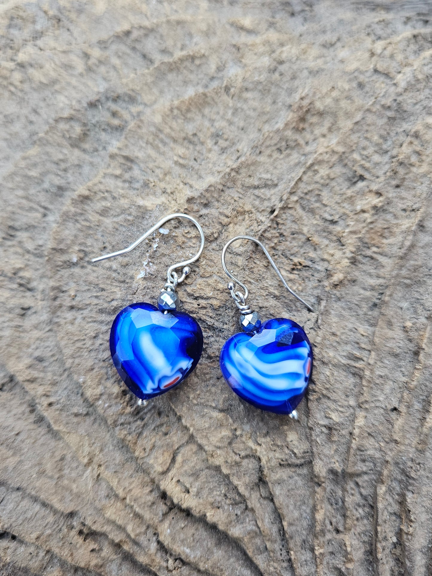 Blue Glass Heart Earrings
