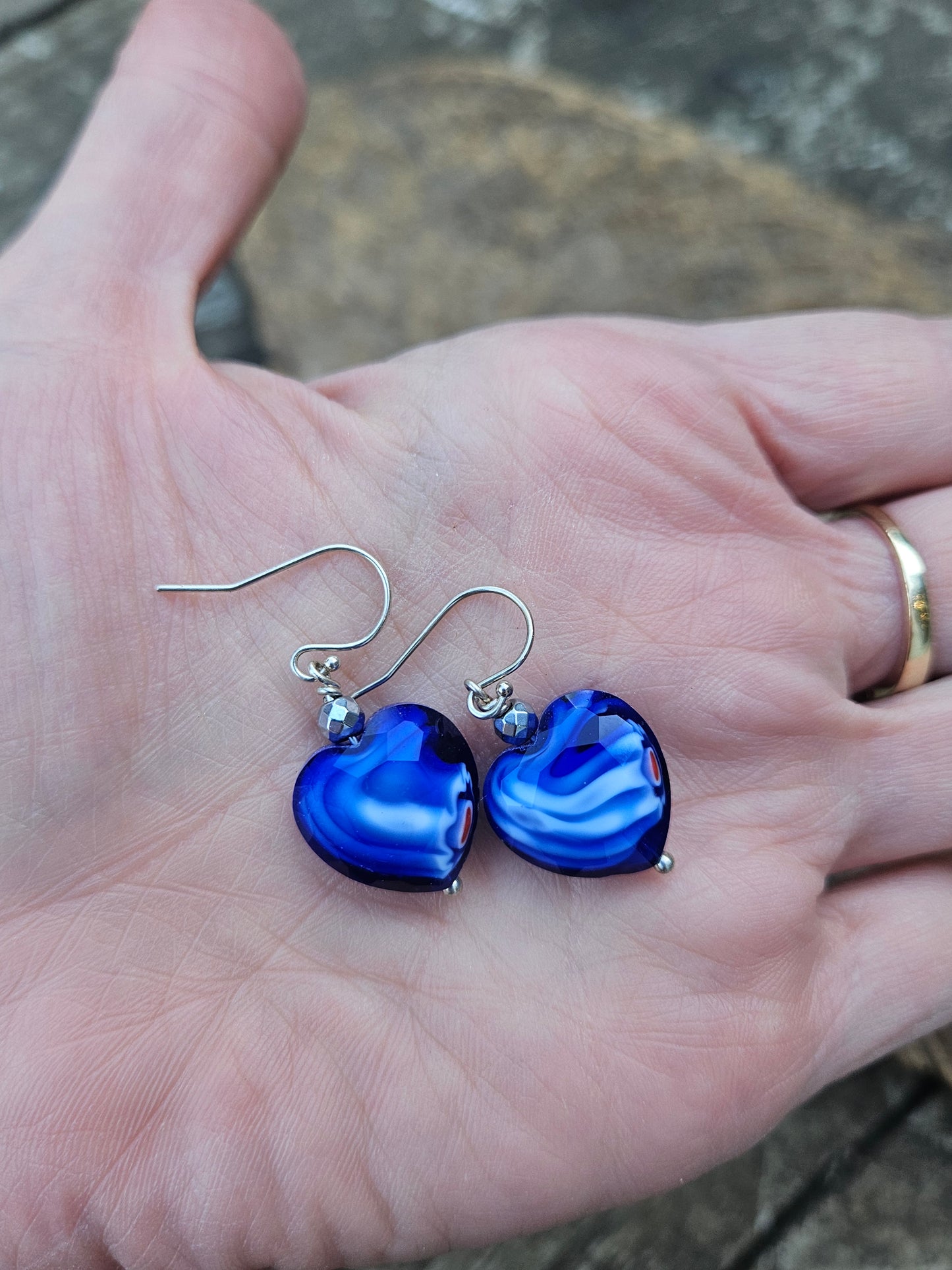 Blue Glass Heart Earrings