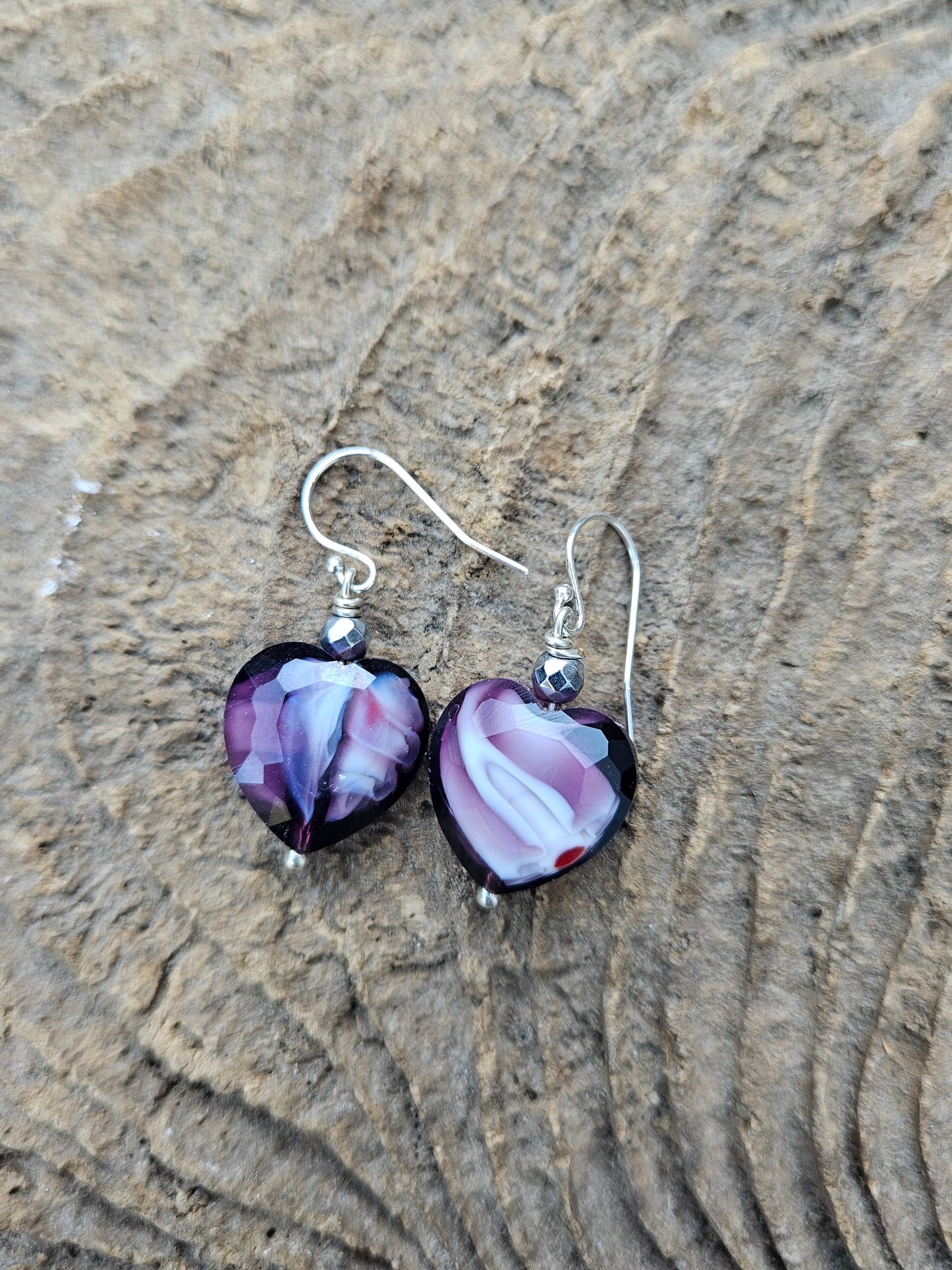 Purple Glass Heart Earrings