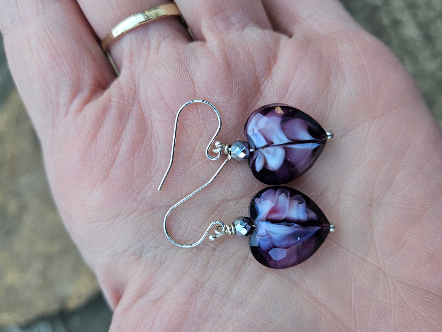 Purple Glass Heart Earrings