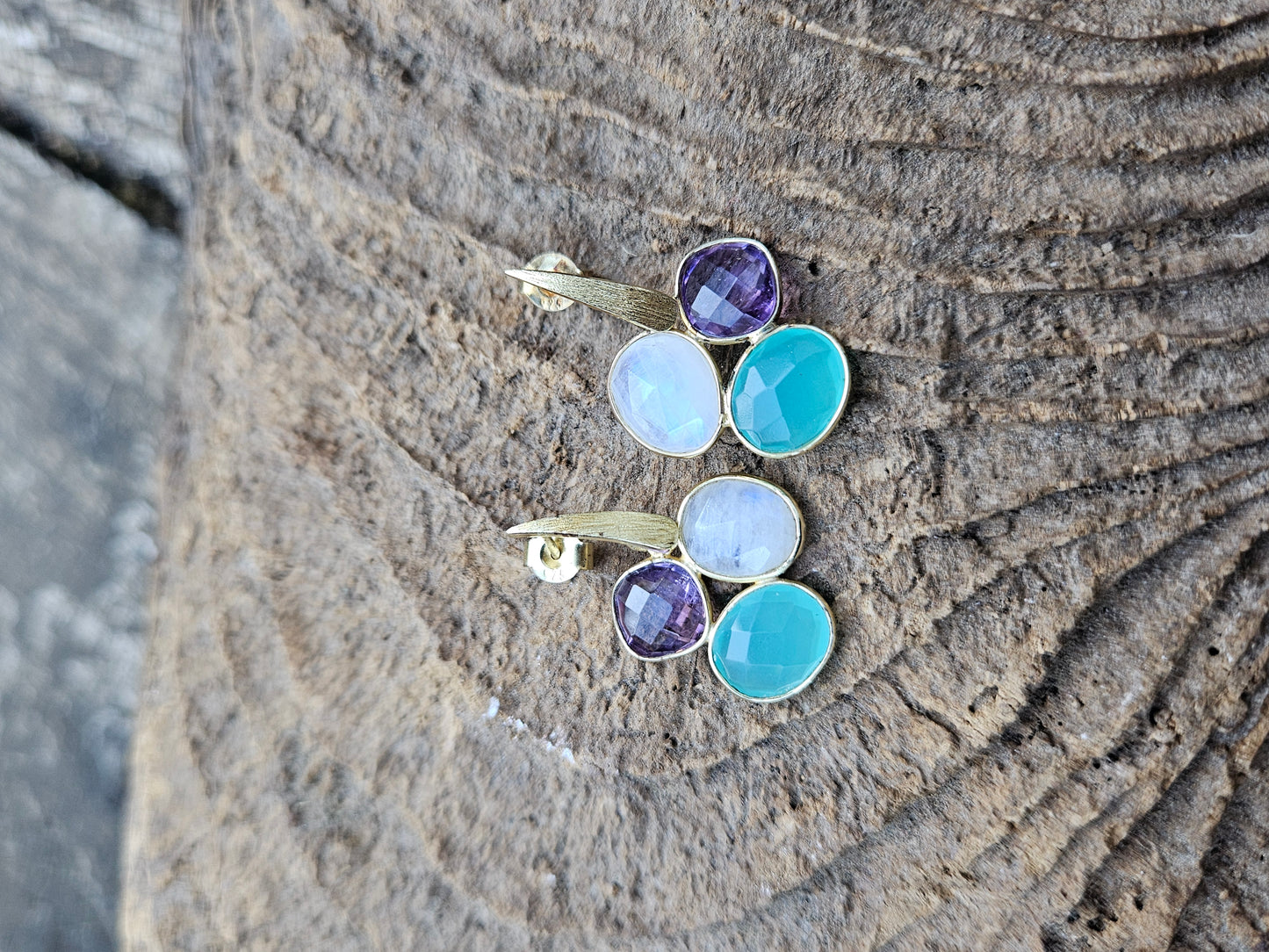 Aqua Onyx, Moonstone and Amethyst Earrings
