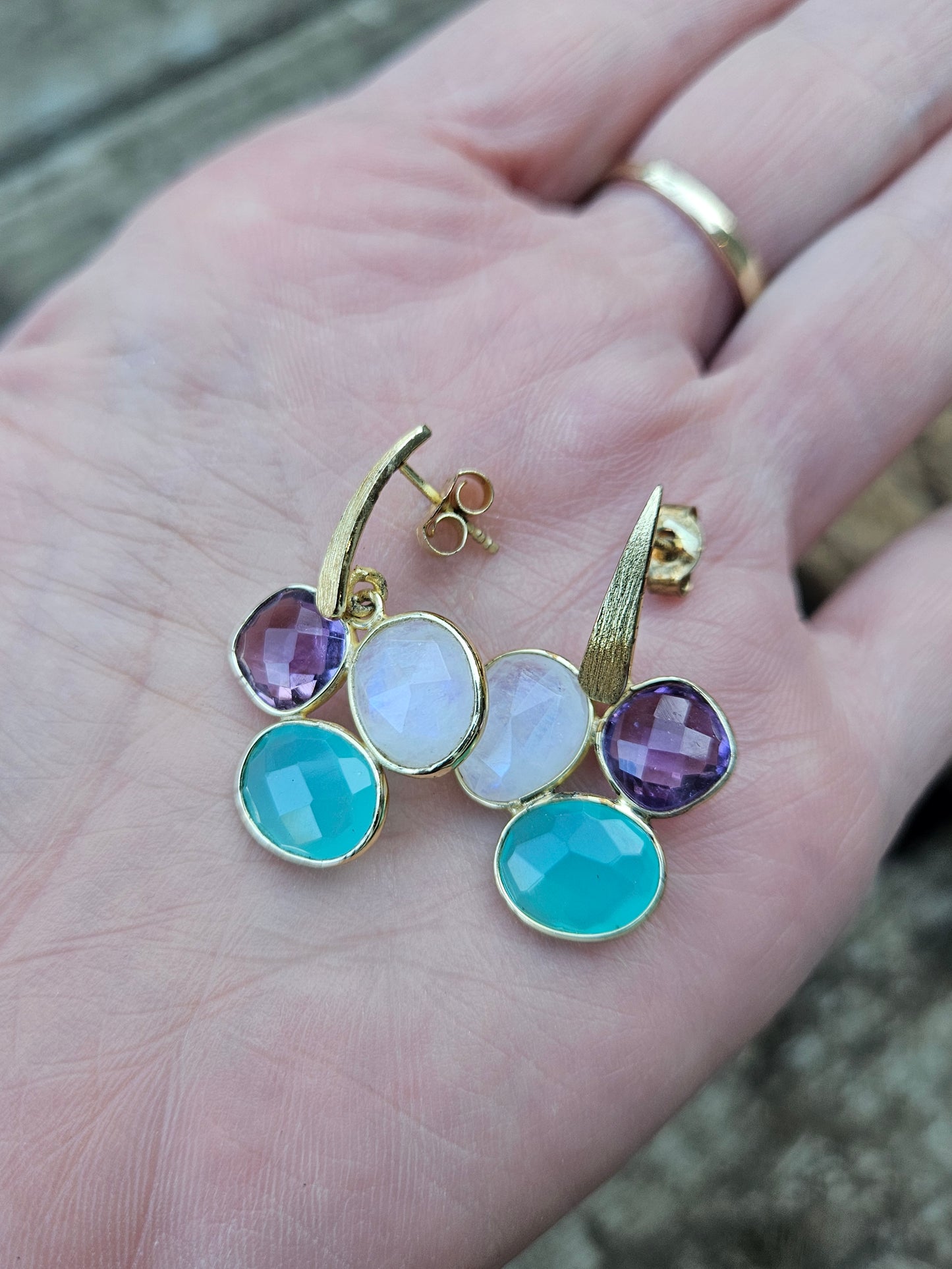 Aqua Onyx, Moonstone and Amethyst Earrings