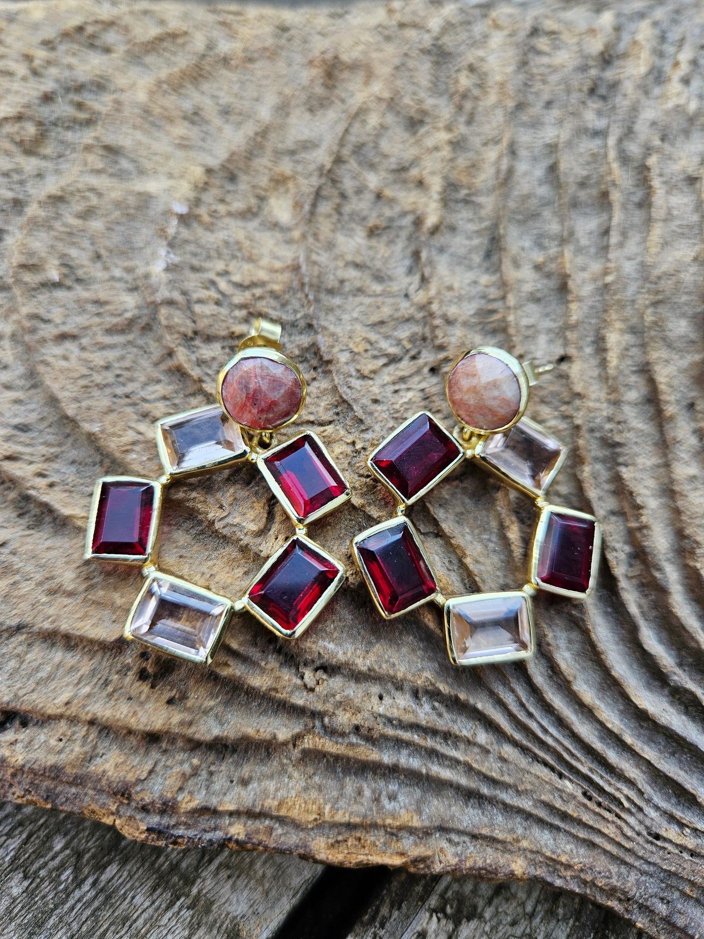 Ruby, Red and Peach Crystal Earrings