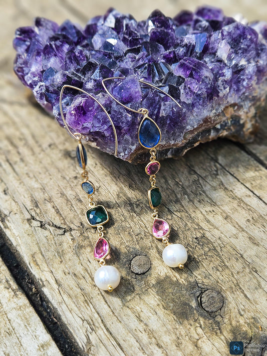 Tourmaline, Iolite and Pearl Drop Earrings