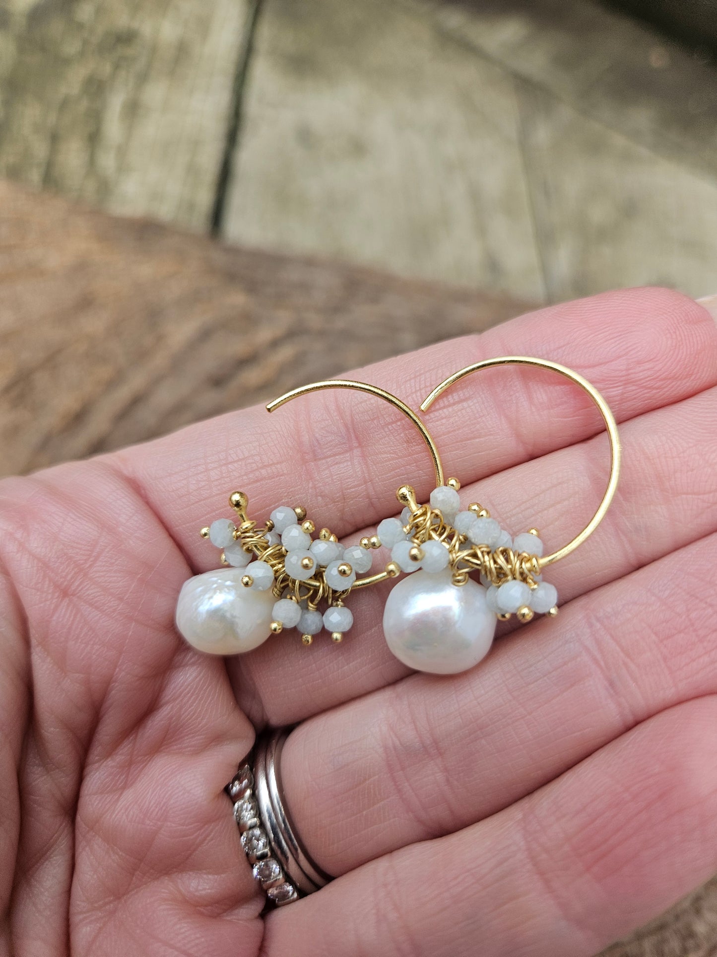 Aquamarine and Pearl Hoop Earrings