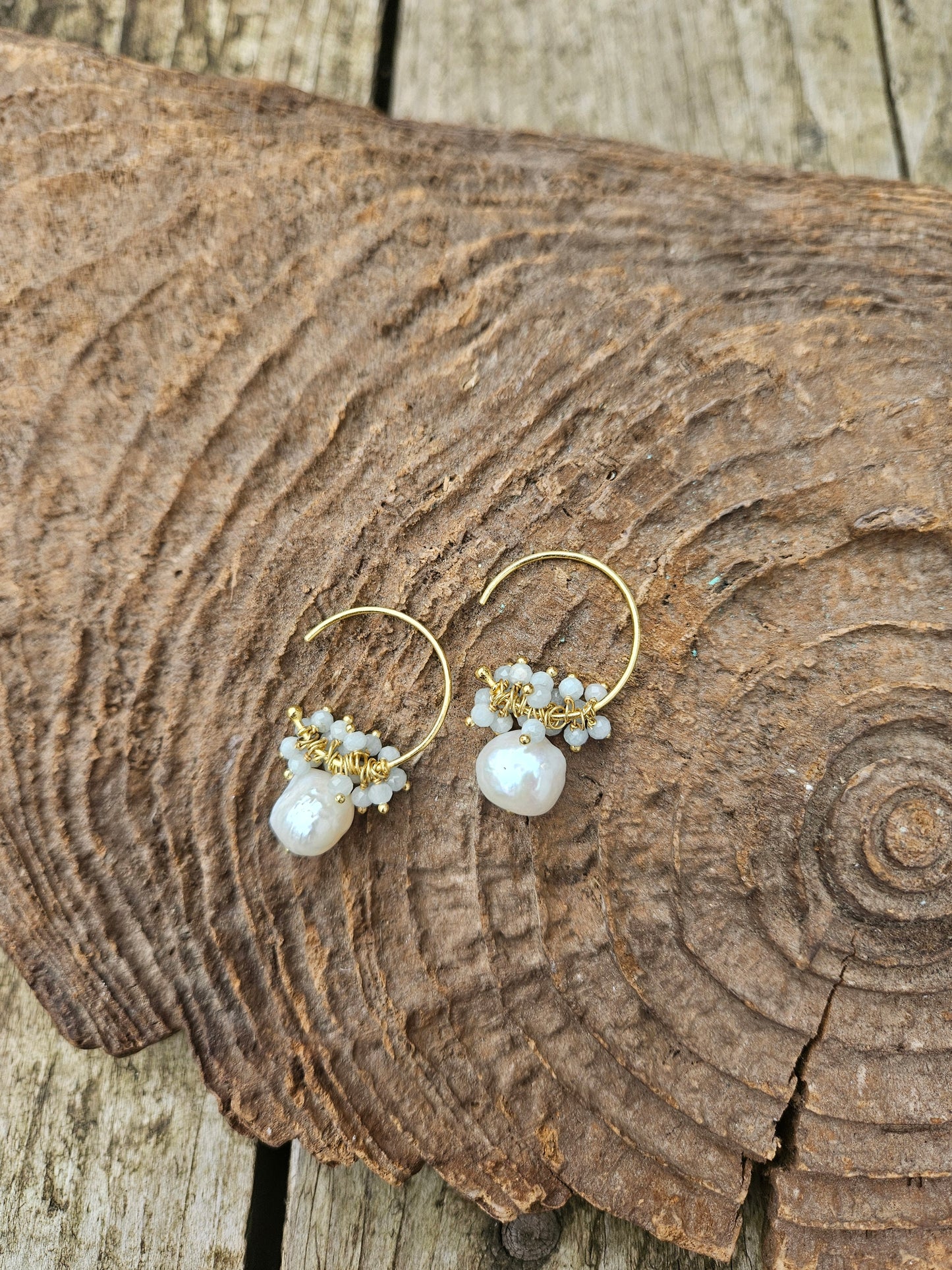 Aquamarine and Pearl Hoop Earrings