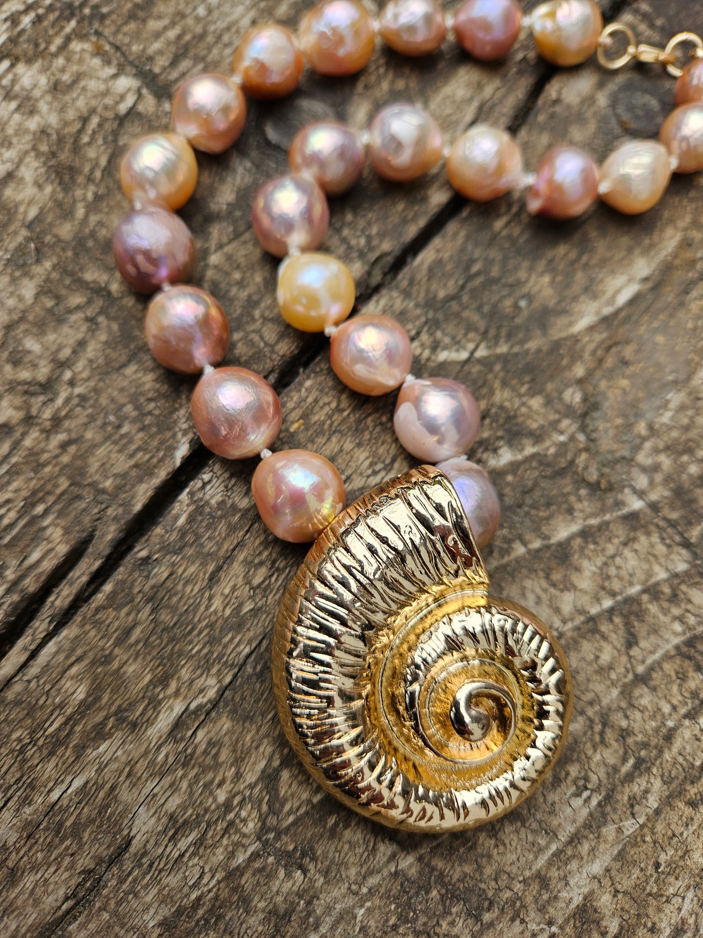 Golden Pink Pearl and Golden Ammonite Necklace