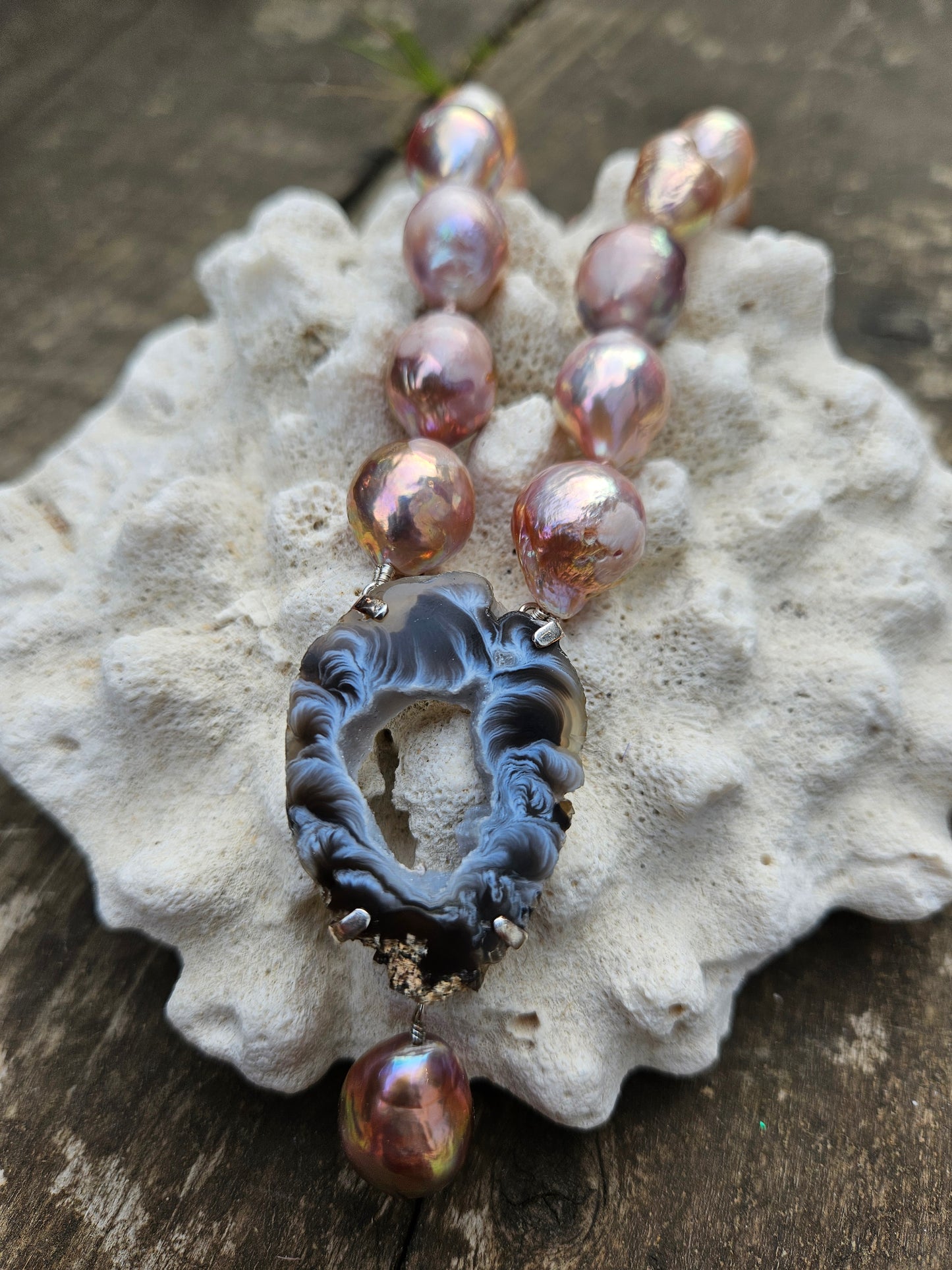 Golden Pink Pearl and Agate Necklace