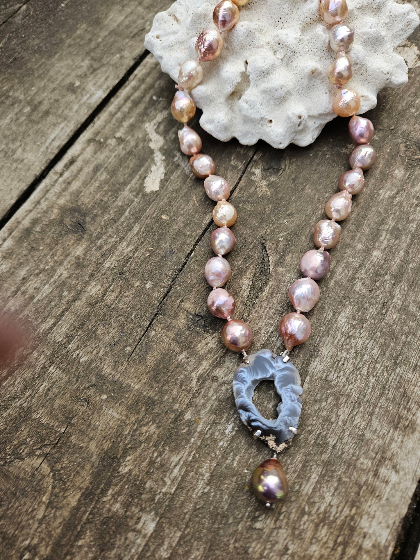 Golden Pink Pearl and Agate Necklace