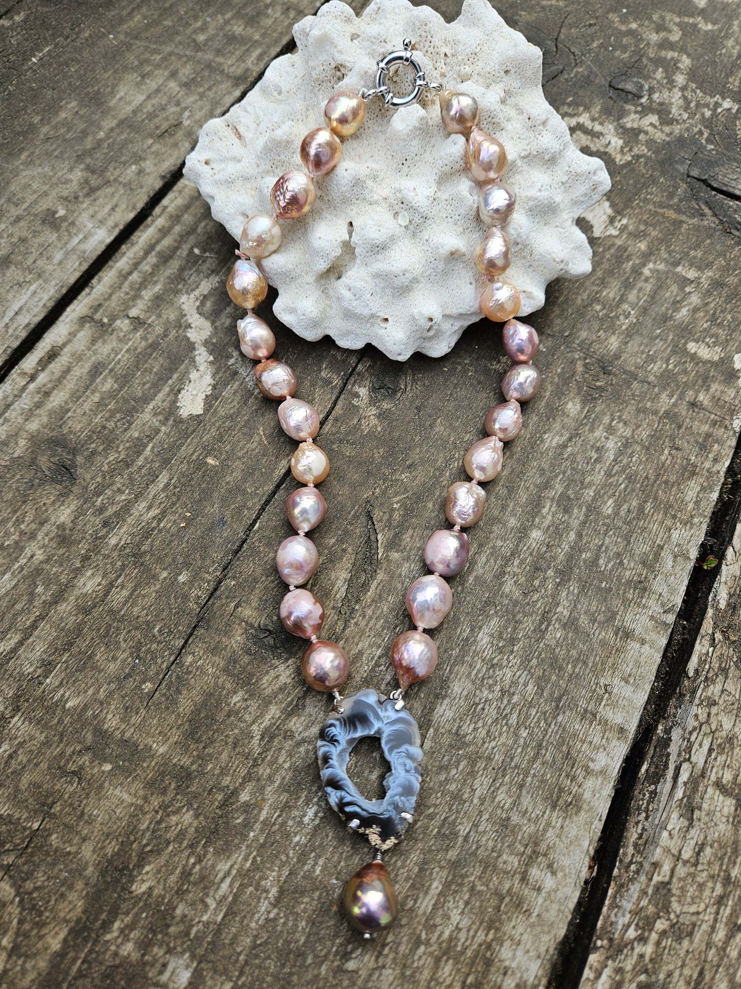 Golden Pink Pearl and Agate Necklace