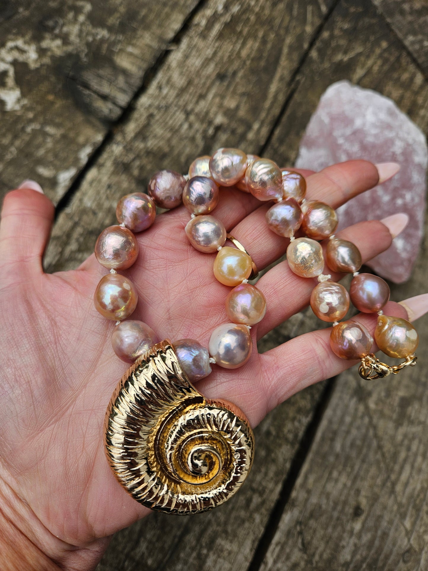 Golden Pink Pearl and Golden Ammonite Necklace
