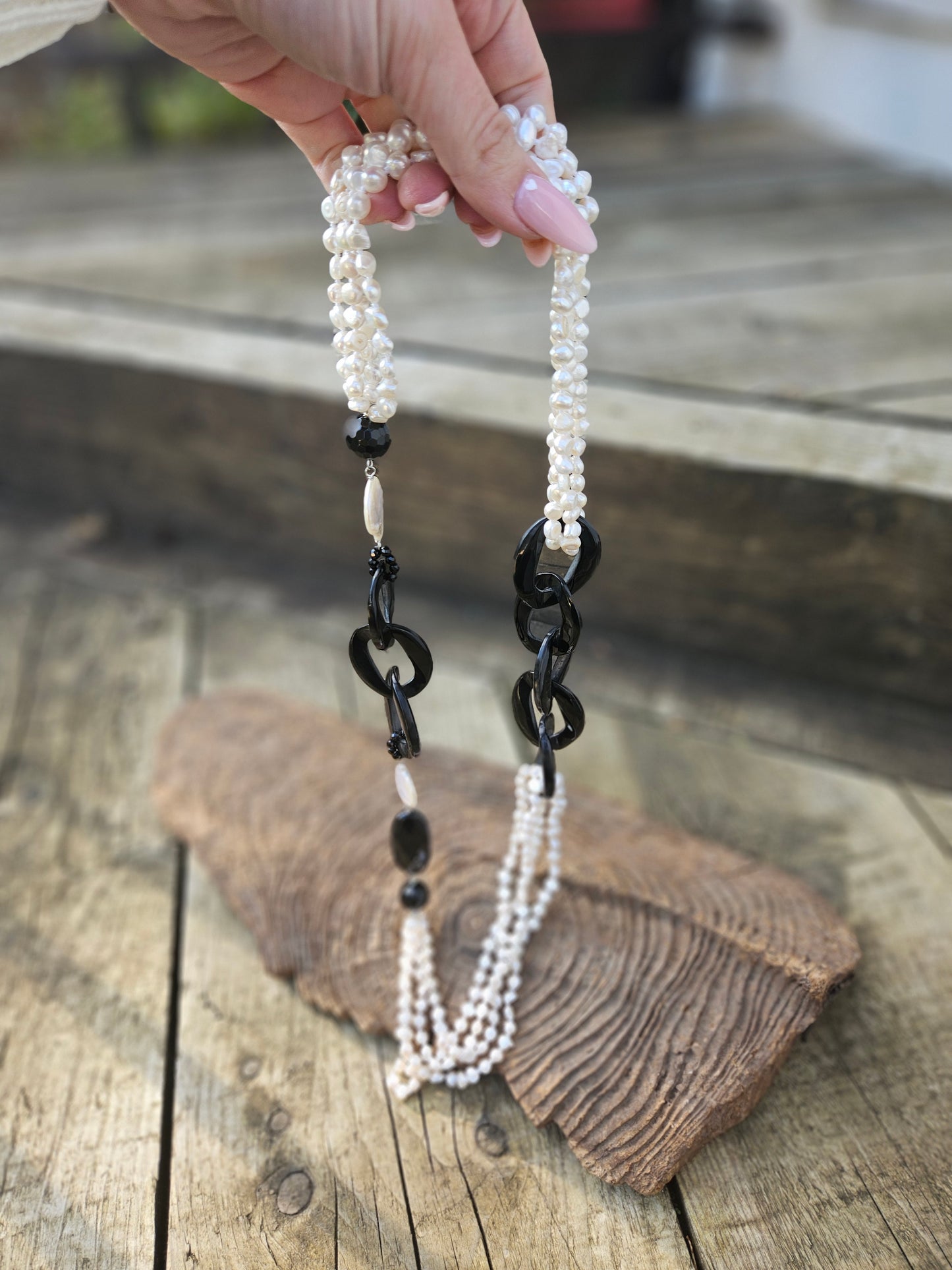 Freshwater Pearl, Resin and Onyx Necklace