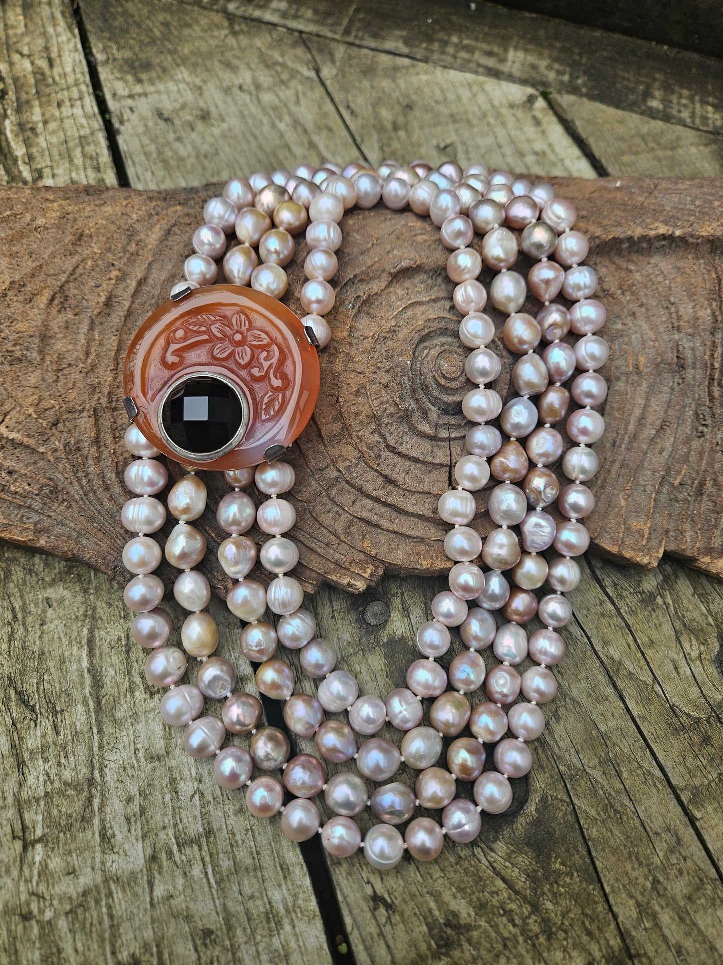 Statement Pink Freshwater Pearl and Carnelian Clasp Necklace