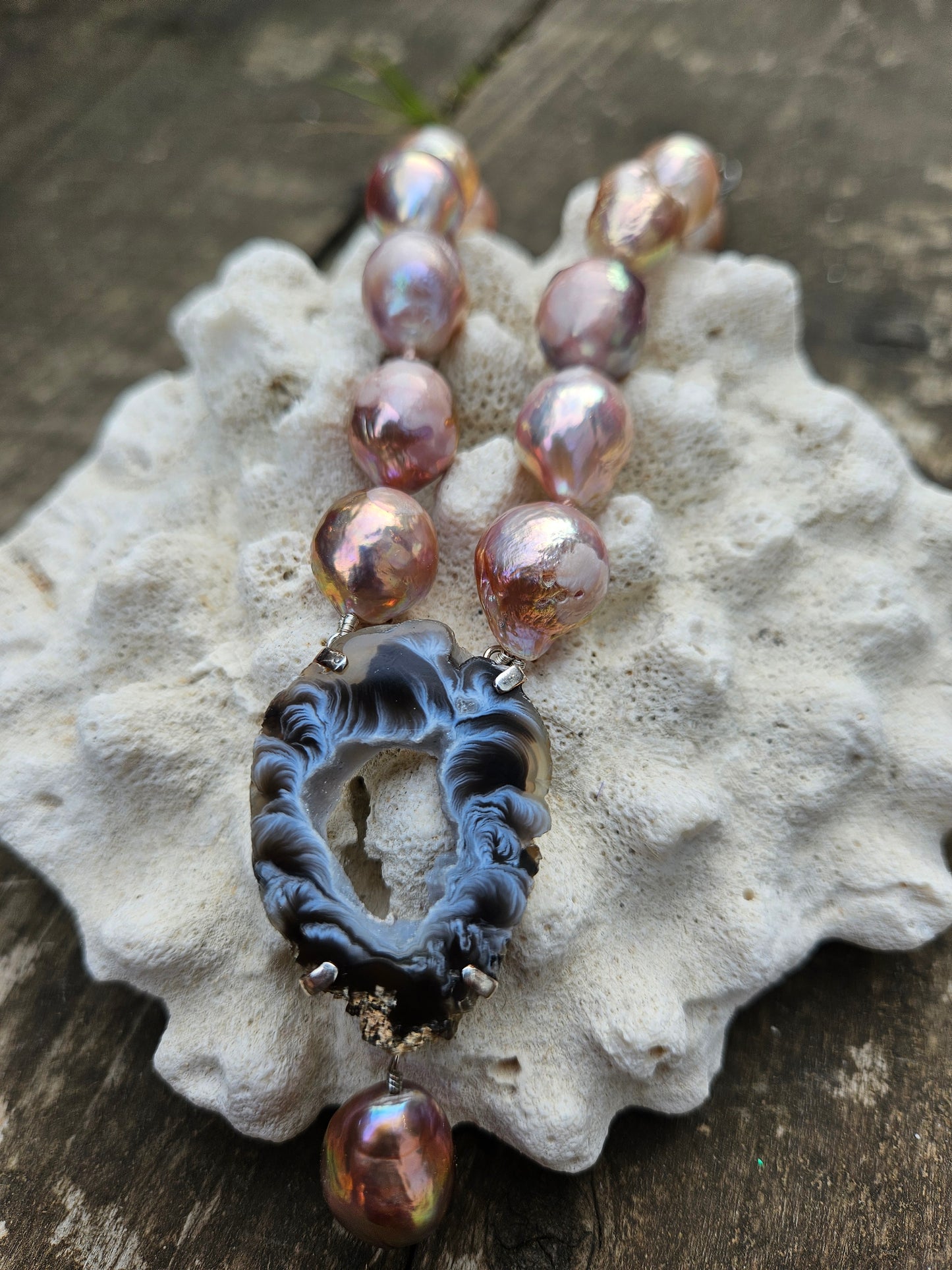 Golden Pink Pearl and Agate Necklace