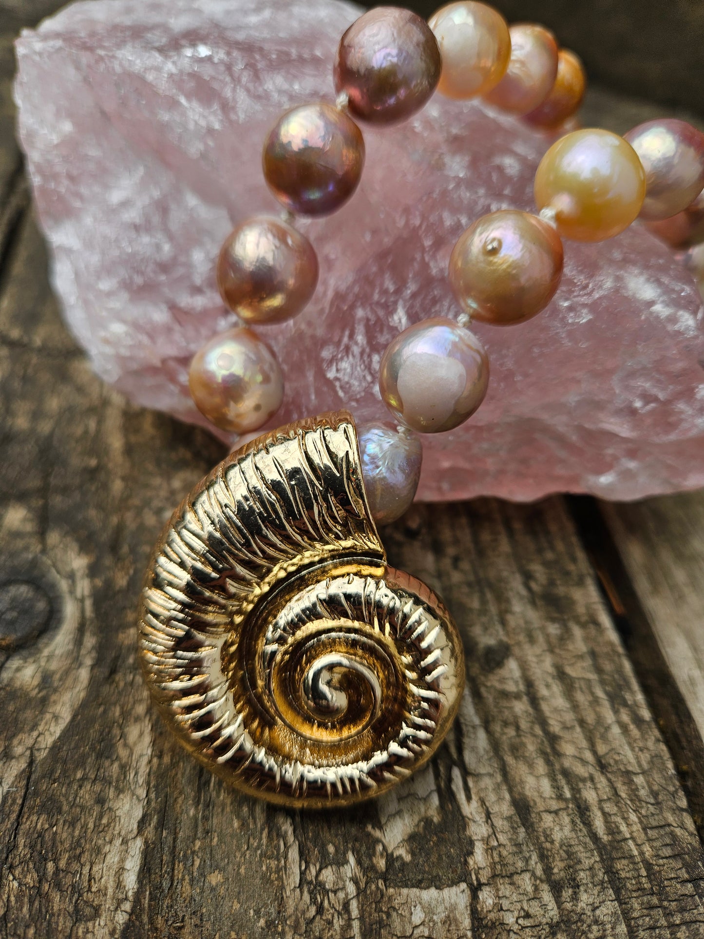 Golden Pink Pearl and Golden Ammonite Necklace