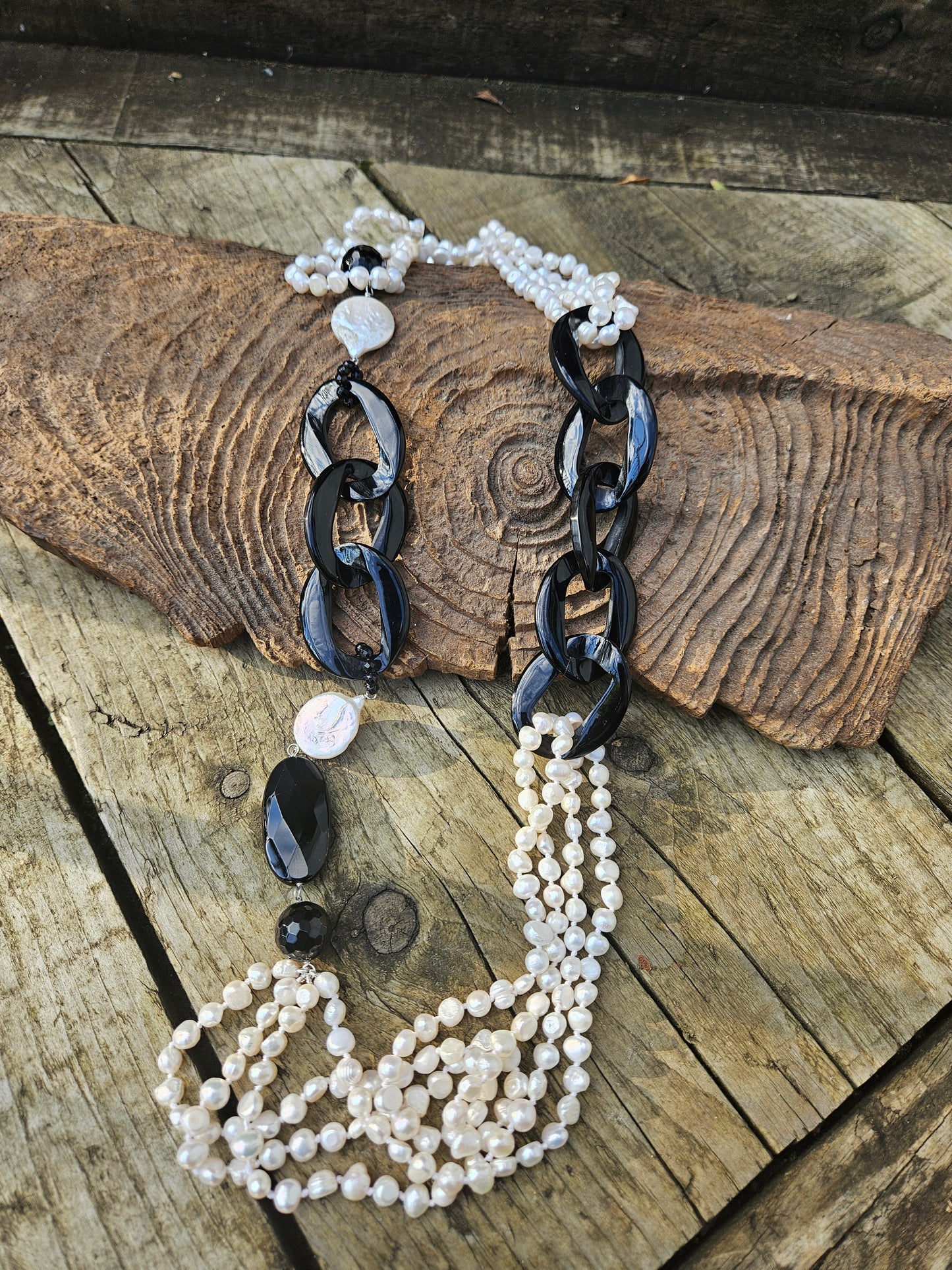 Freshwater Pearl, Resin and Onyx Necklace