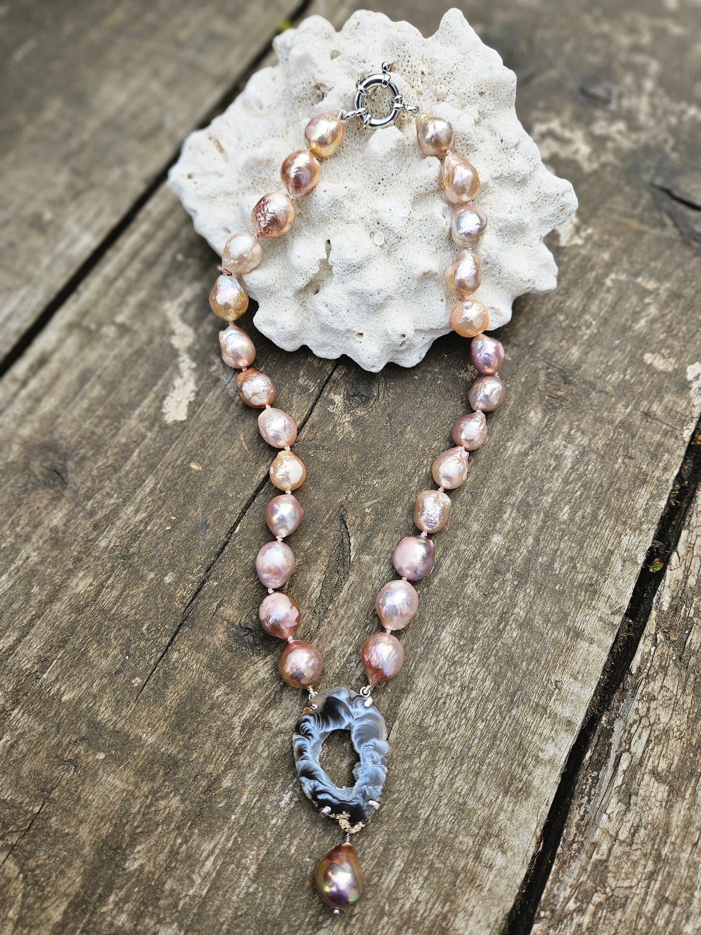 Golden Pink Pearl and Agate Necklace