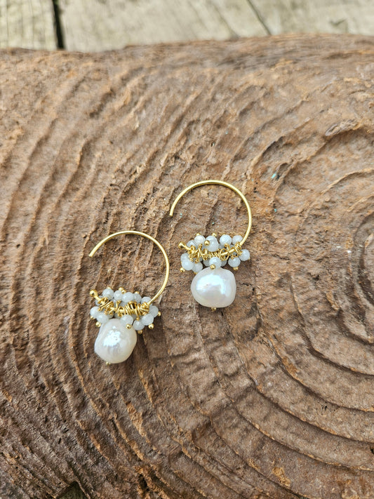 Aquamarine and Pearl Hoop Earrings