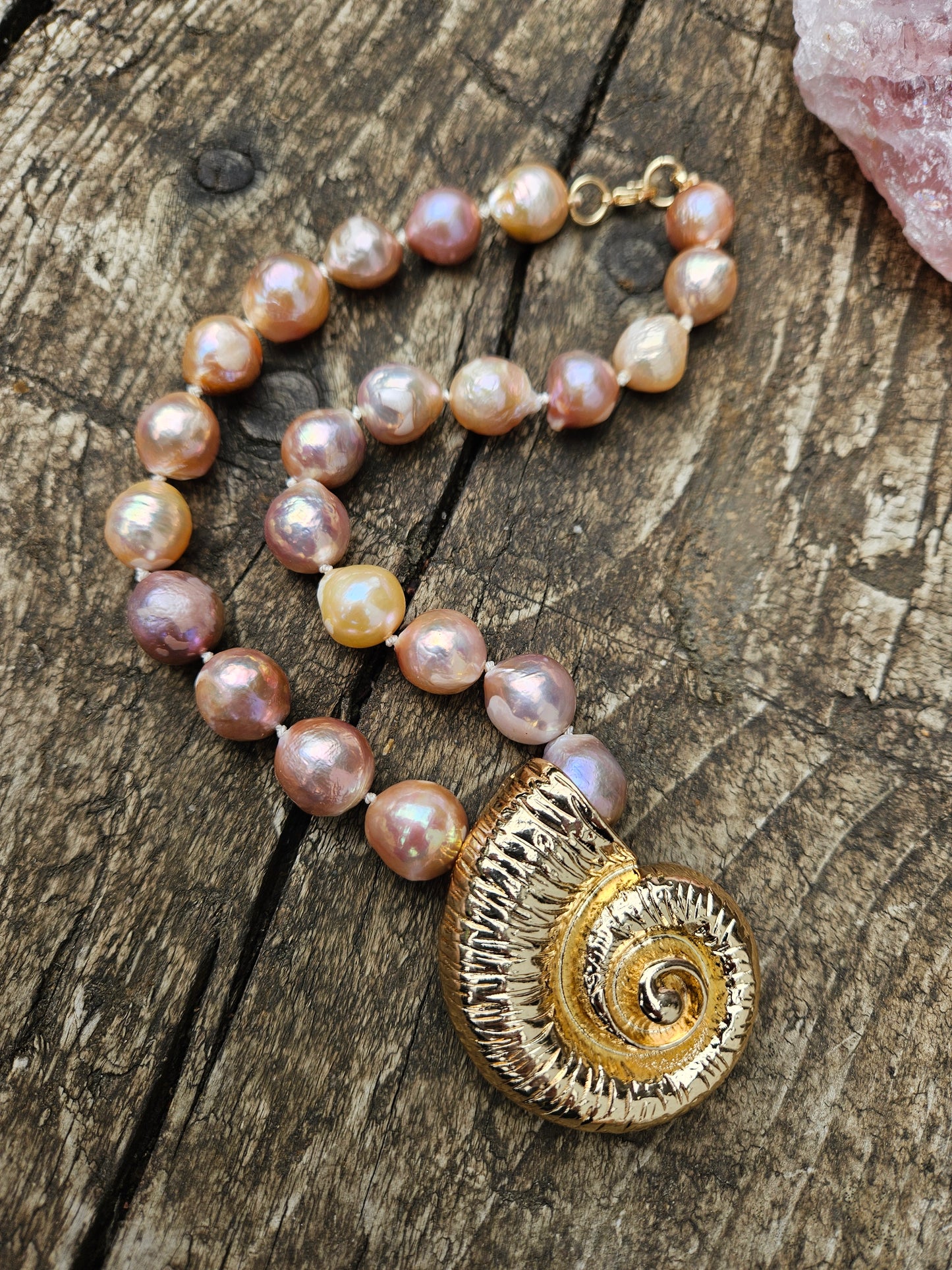Golden Pink Pearl and Golden Ammonite Necklace