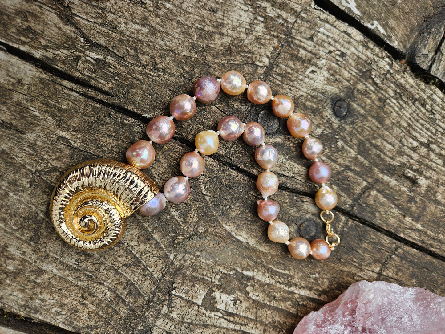 Golden Pink Pearl and Golden Ammonite Necklace