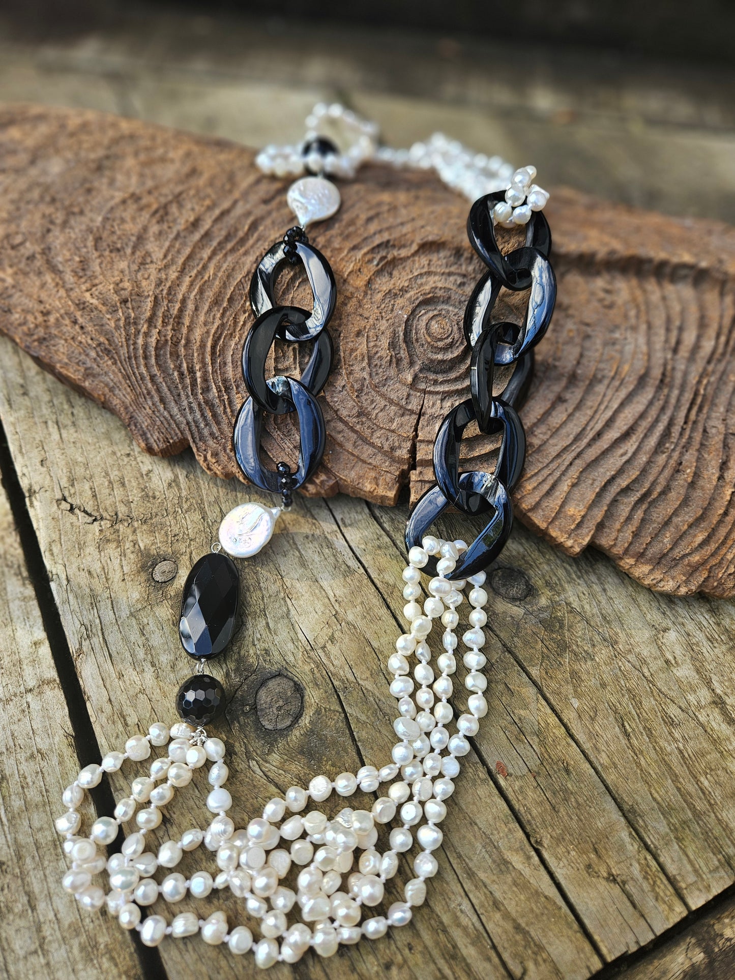 Freshwater Pearl, Resin and Onyx Necklace