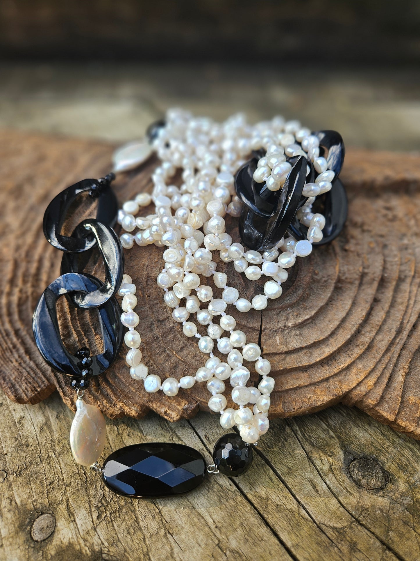 Freshwater Pearl, Resin and Onyx Necklace