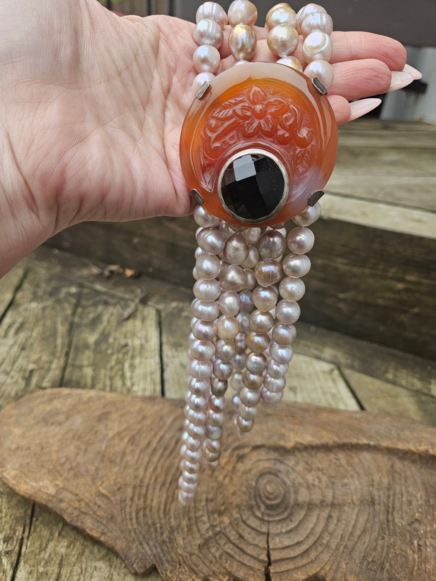 Statement Pink Freshwater Pearl and Carnelian Clasp Necklace