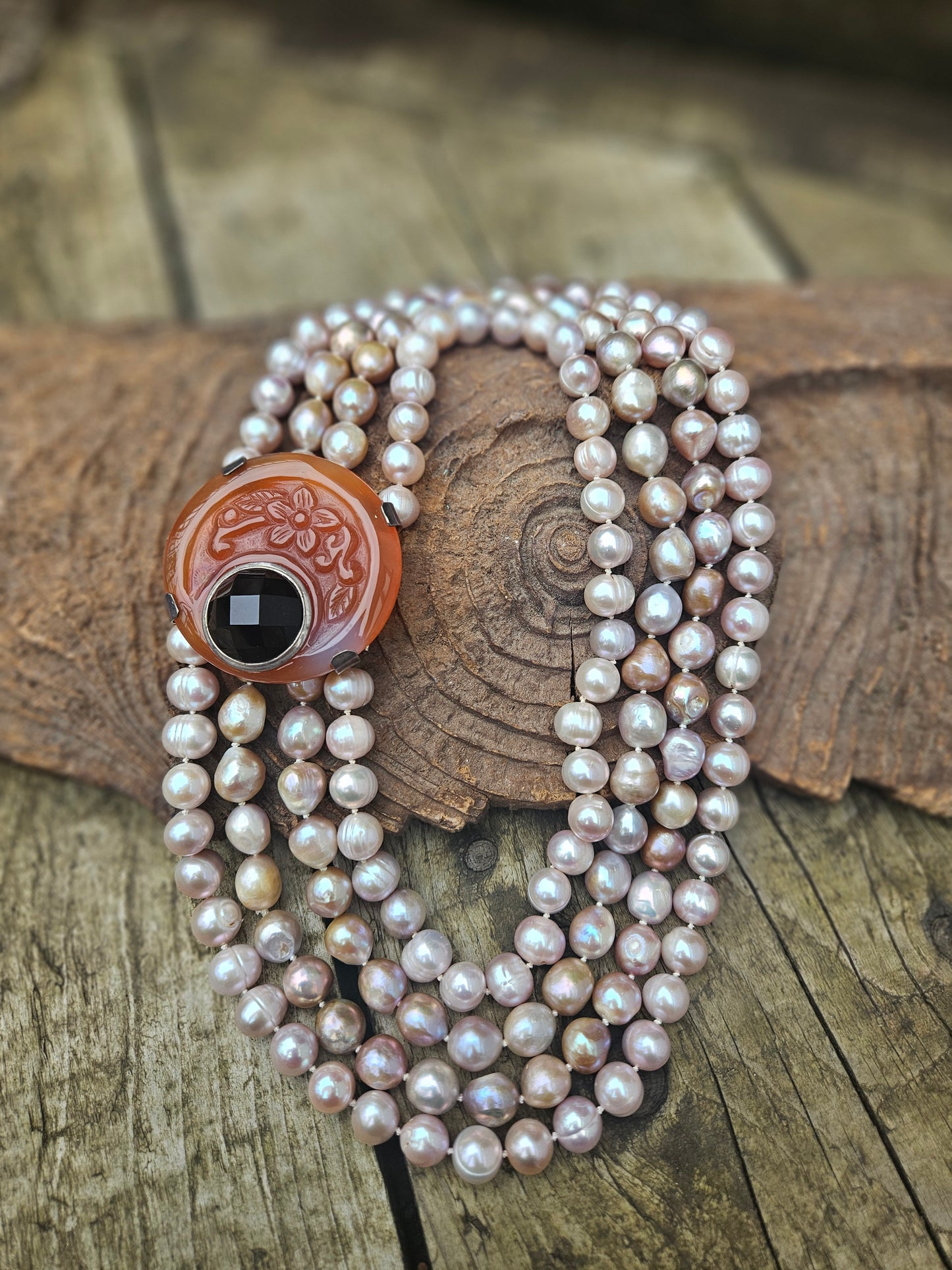 Statement Pink Freshwater Pearl and Carnelian Clasp Necklace