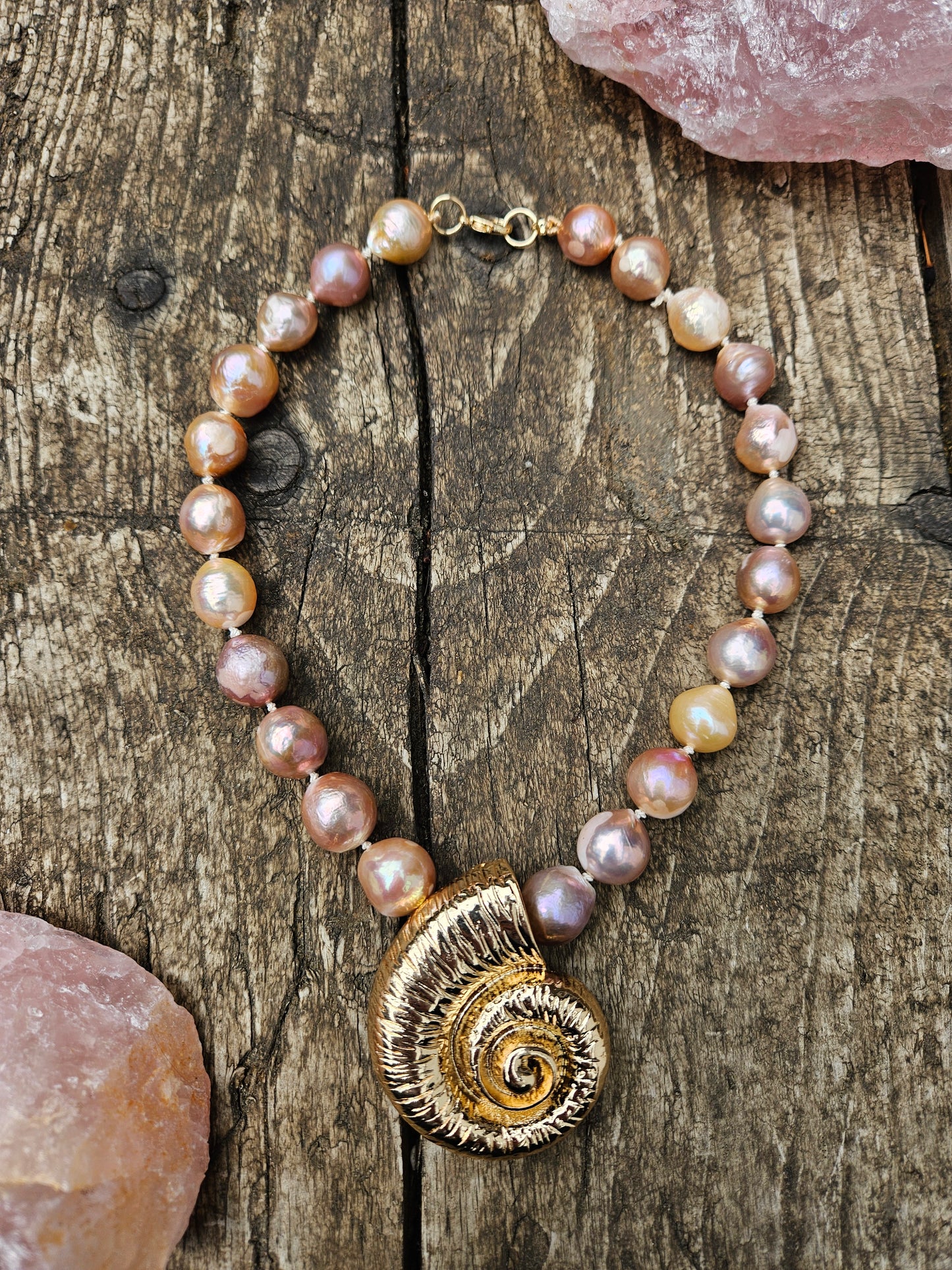 Golden Pink Pearl and Golden Ammonite Necklace