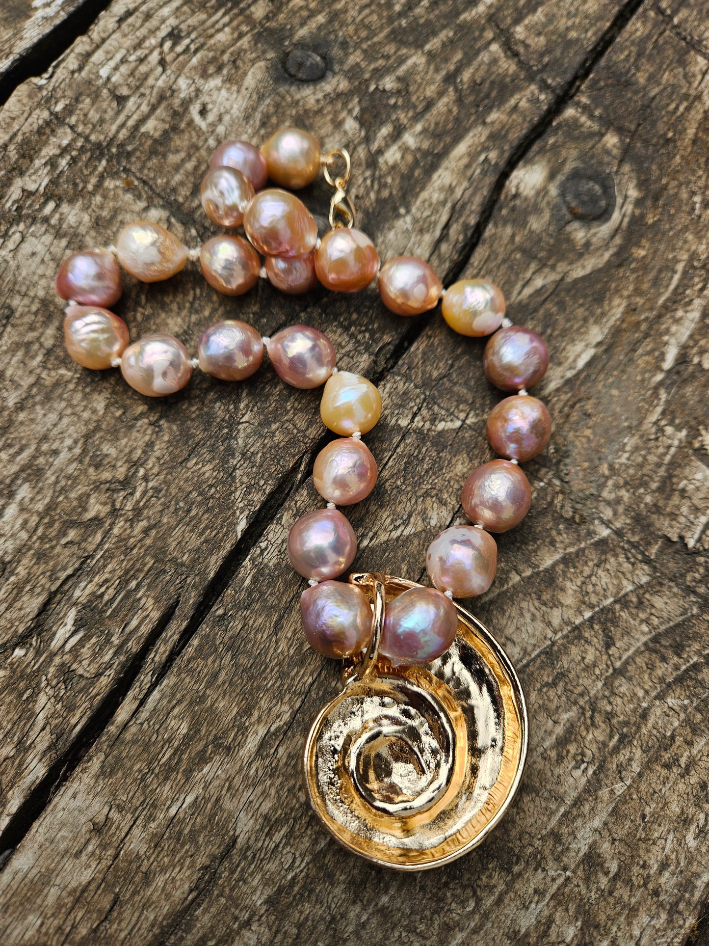 Golden Pink Pearl and Golden Ammonite Necklace