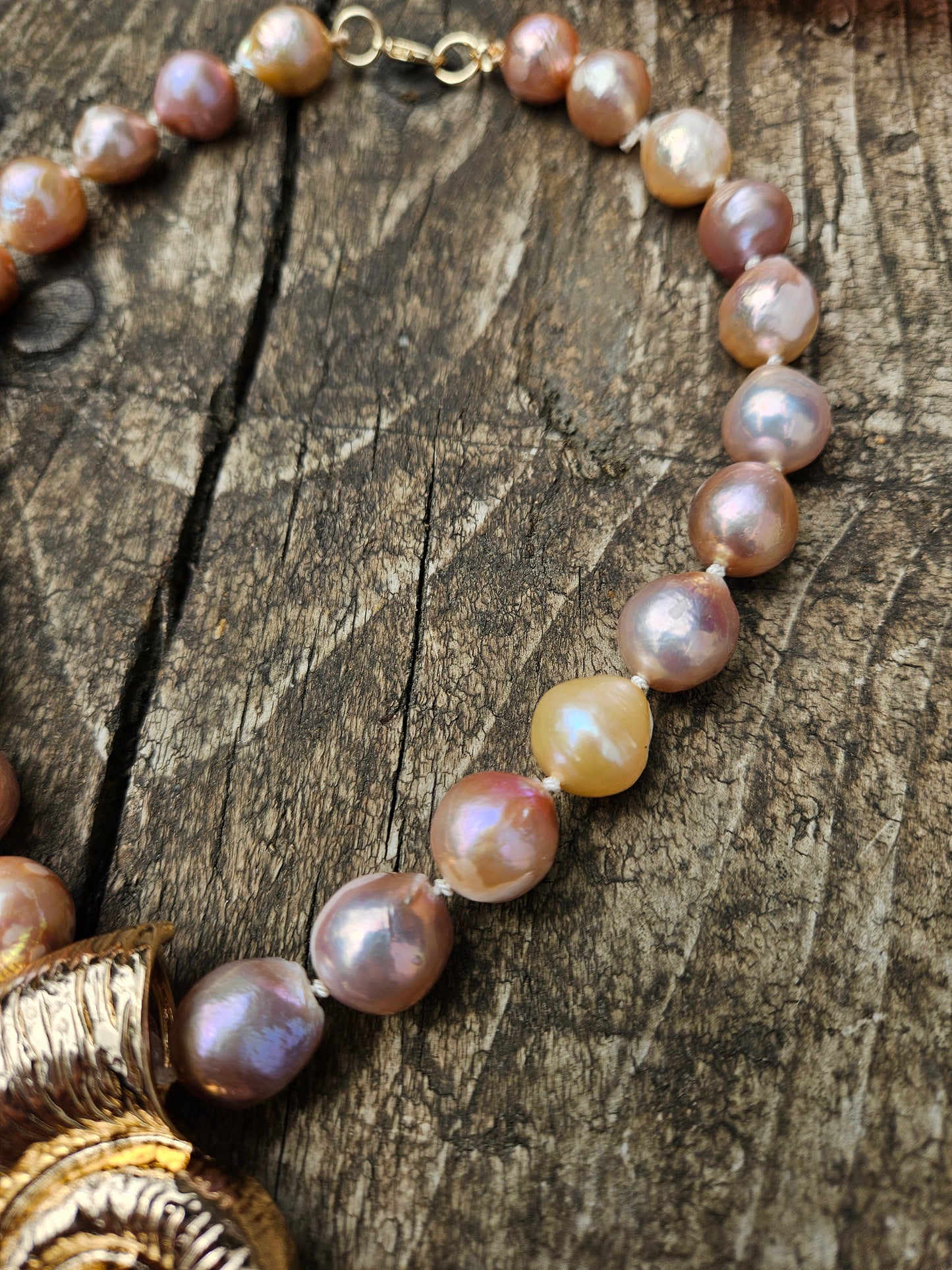 Golden Pink Pearl and Golden Ammonite Necklace