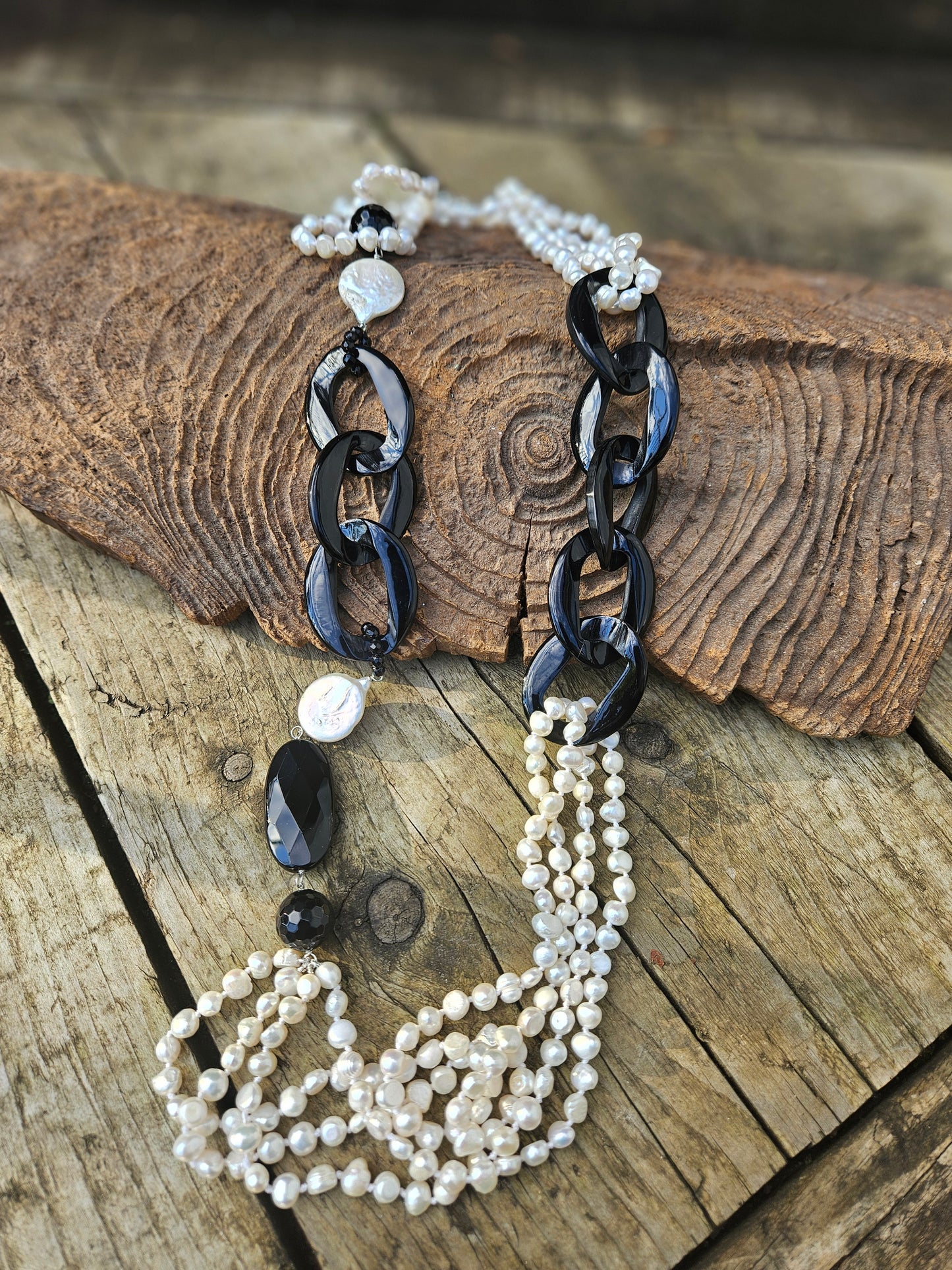 Freshwater Pearl, Resin and Onyx Necklace