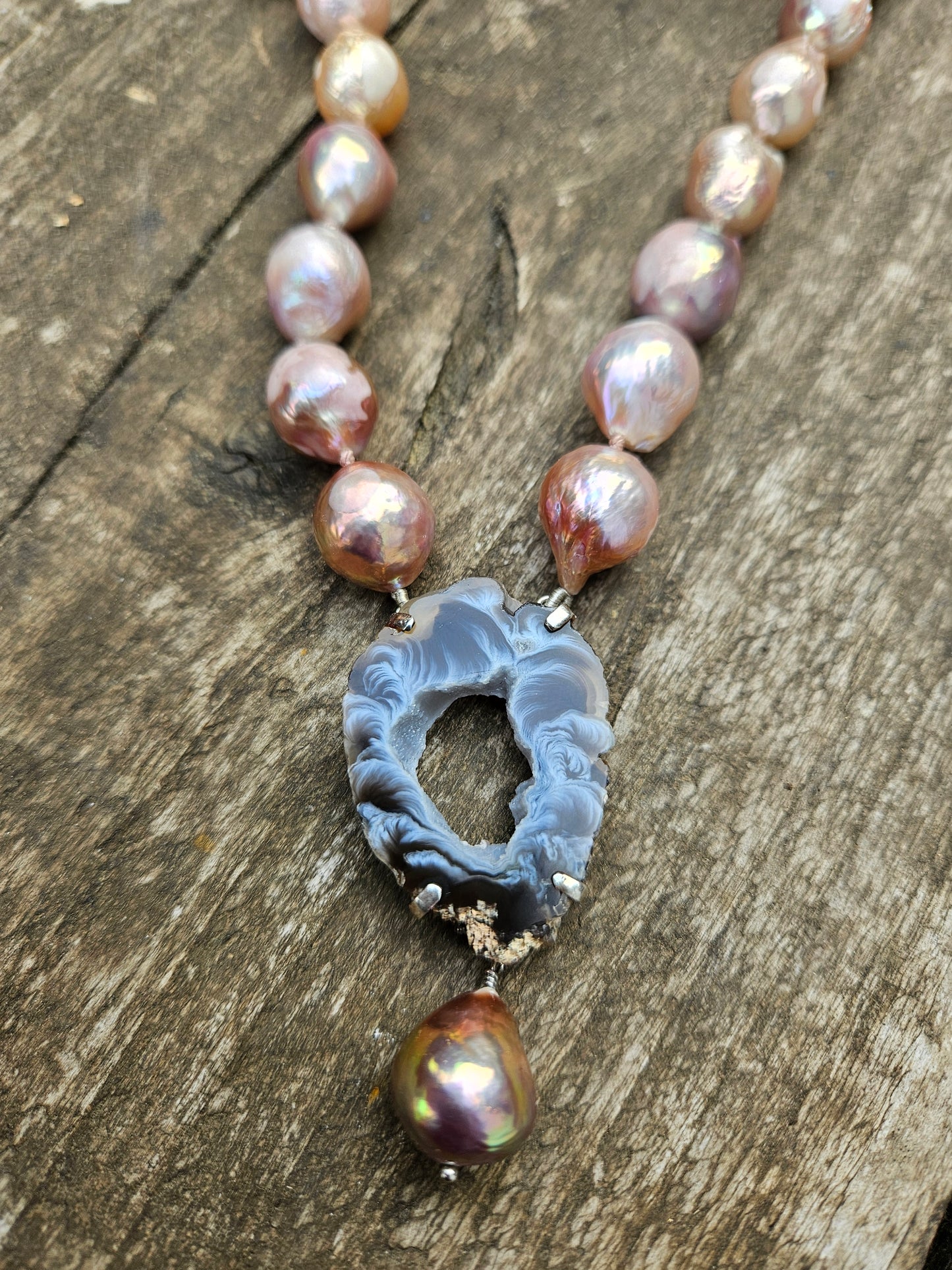 Golden Pink Pearl and Agate Necklace
