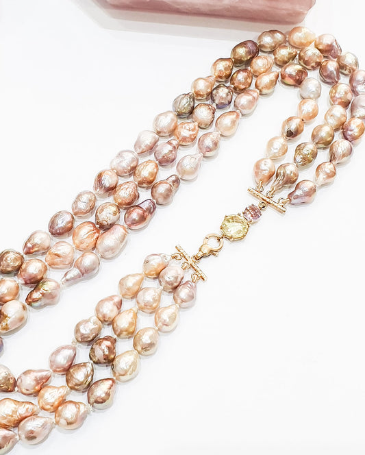 3 Row Pink Baroque Pearl Necklace on Amethyst and Lemon Quartz Clasp