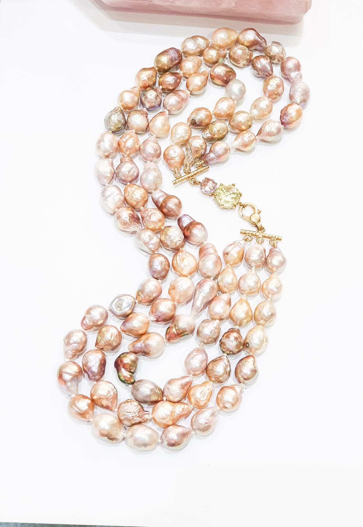 3 Row Pink Baroque Pearl Necklace on Amethyst and Lemon Quartz Clasp