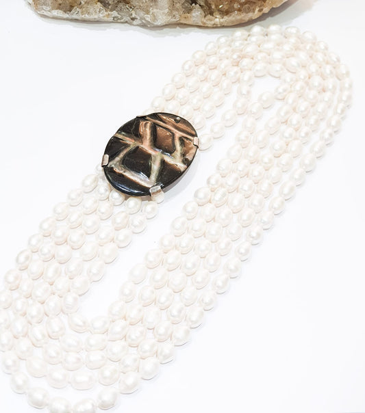 Multi Row Pearl and Statement Clasp One Off Necklace