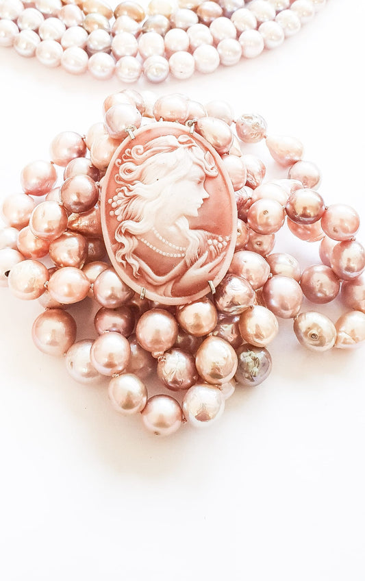 Multi Row Pink Pearl and Cameo Necklace