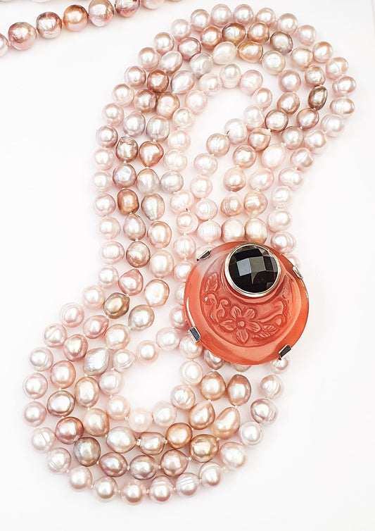 Statement Pink Freshwater Pearl and Carnelian Clasp Necklace