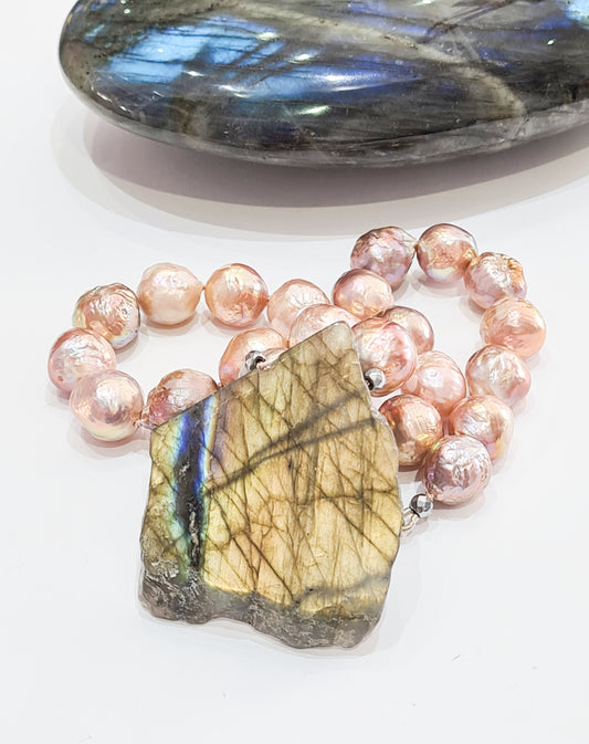 Golden Pink Pearl and Labradorite Necklace