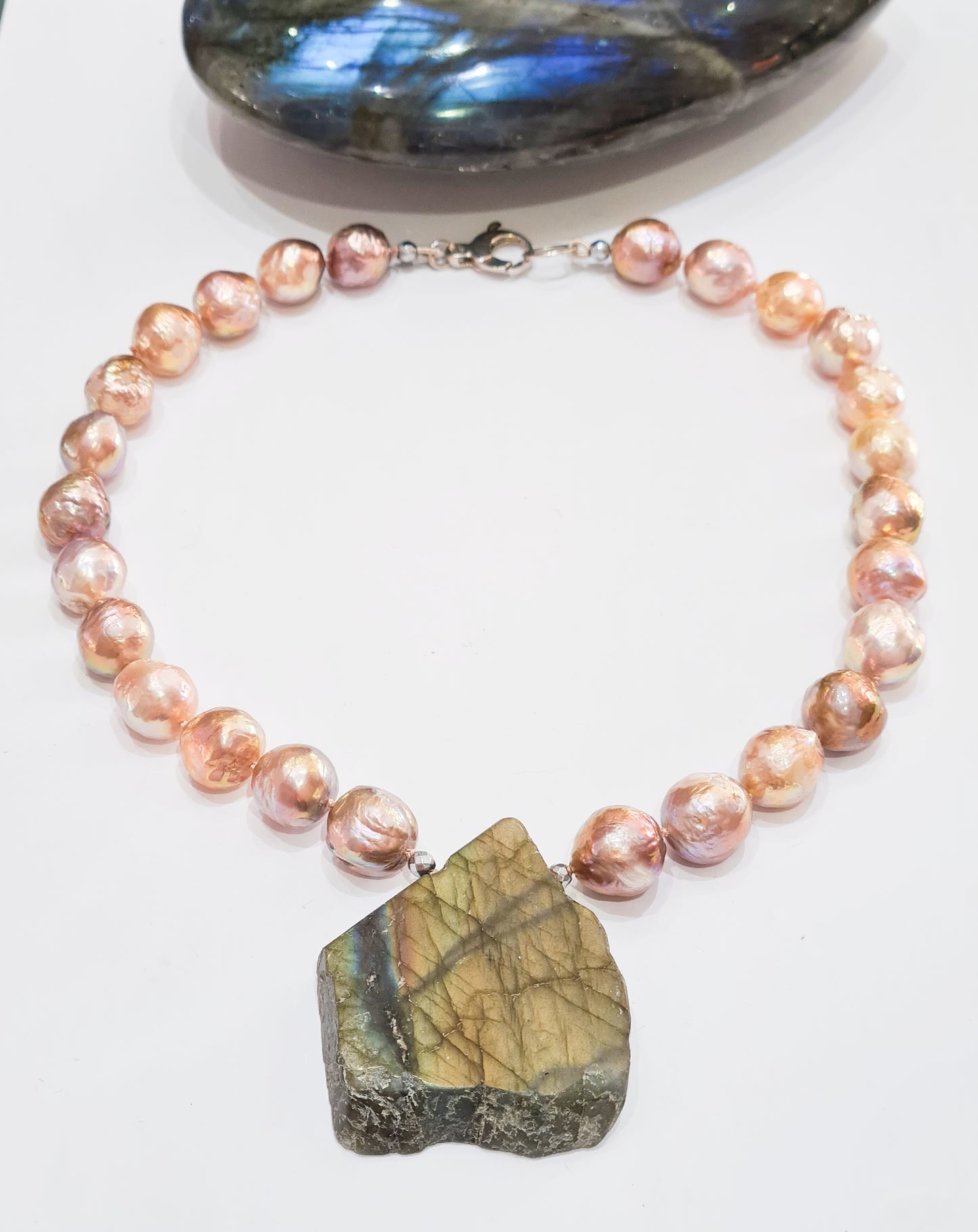 Golden Pink Pearl and Labradorite Necklace
