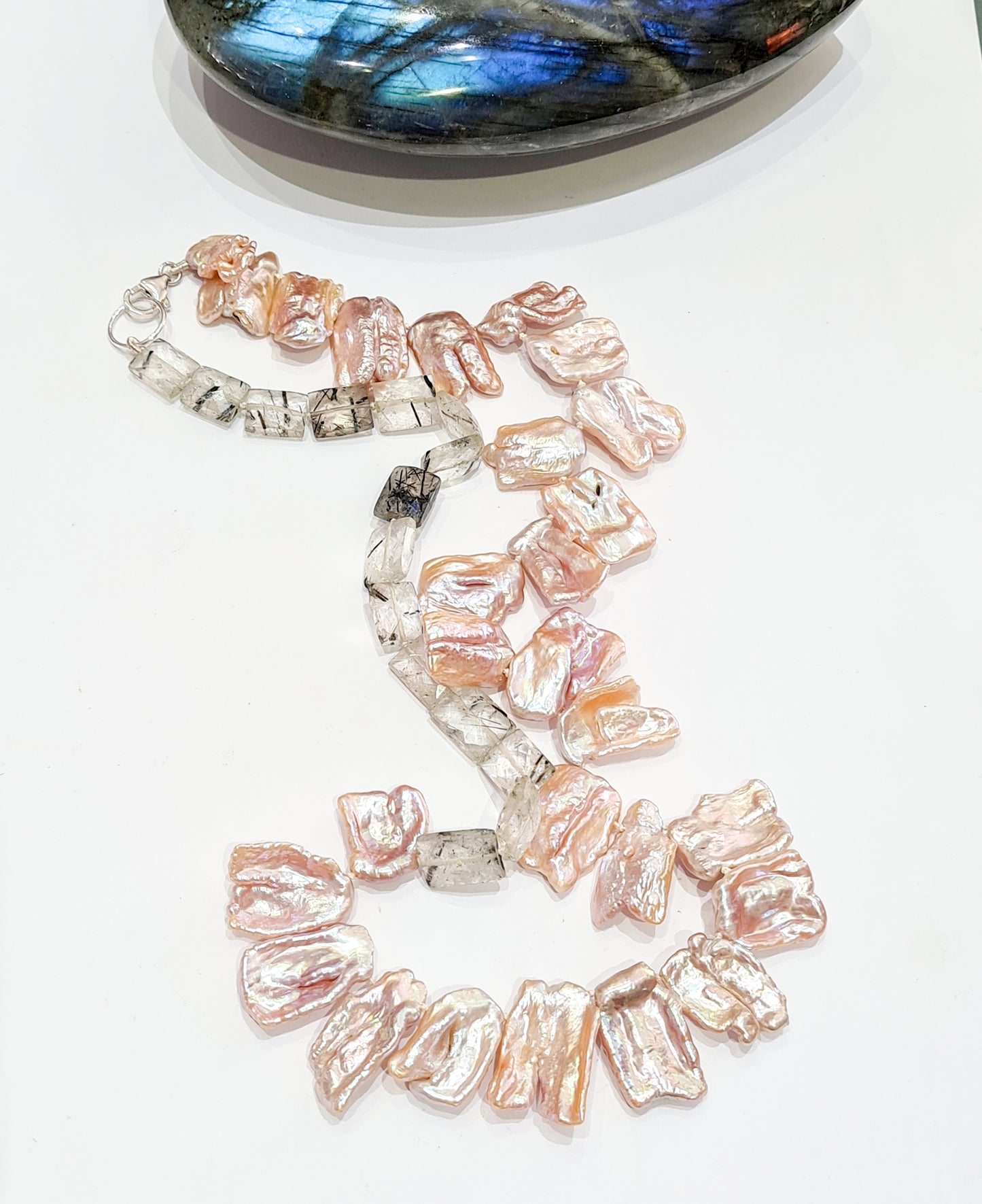 Irregular Pink Pearl and Rutilated Quartz Necklace