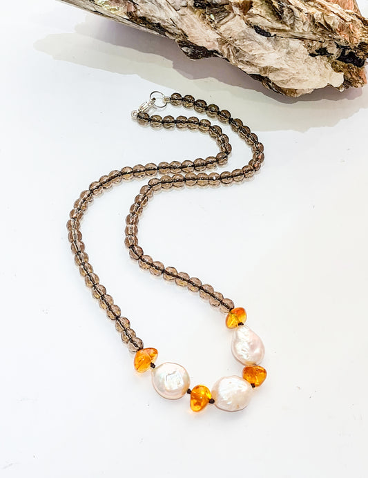 Smoky Quartz, Amber and Pearl Necklace