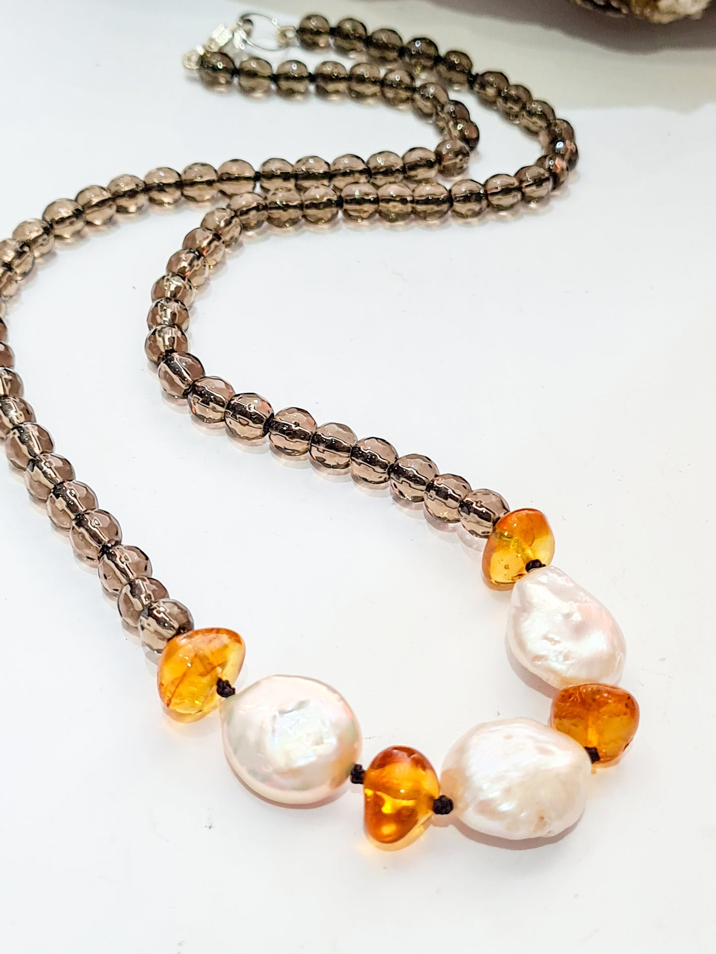 Smoky Quartz, Amber and Pearl Necklace