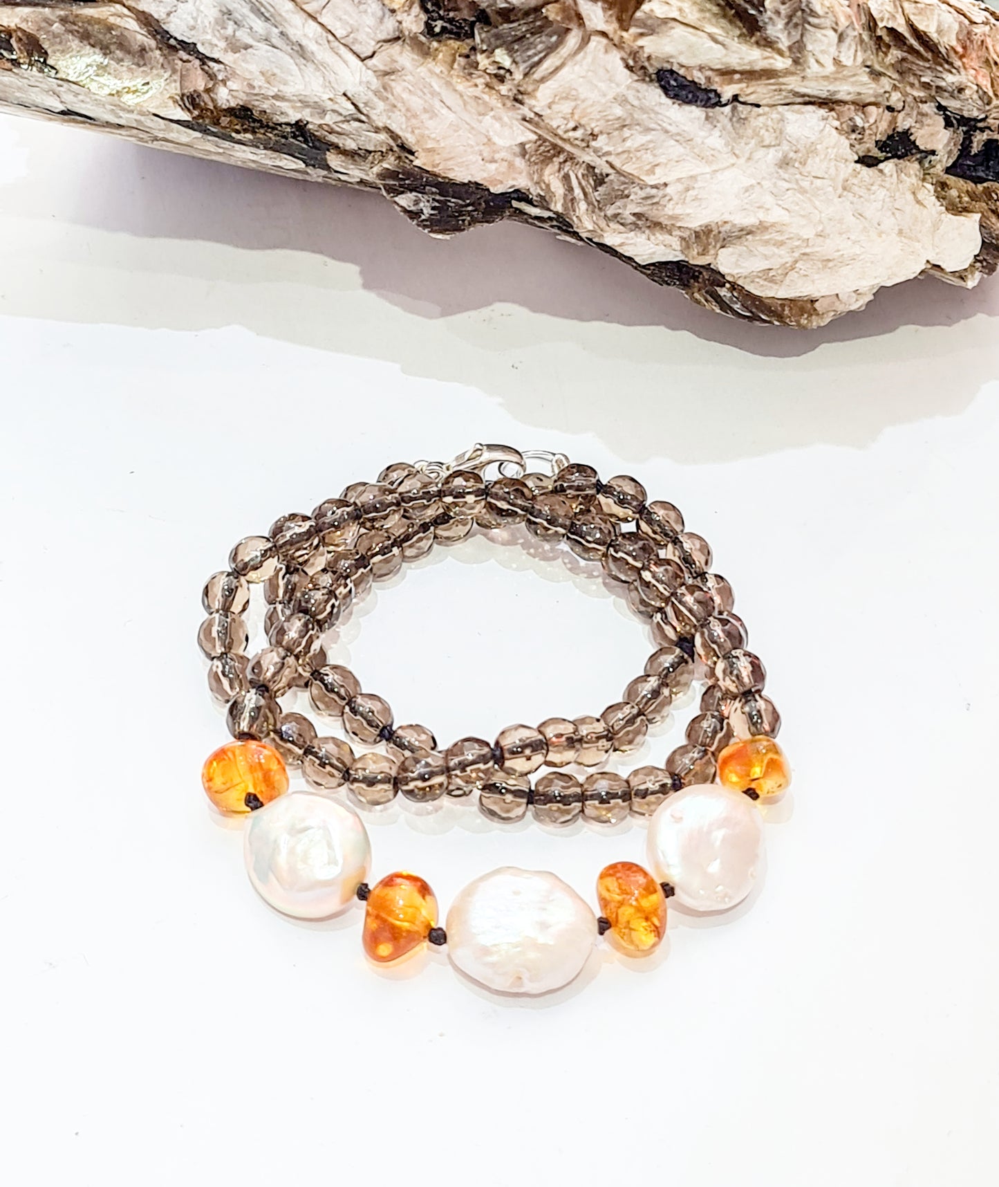 Smoky Quartz, Amber and Pearl Necklace