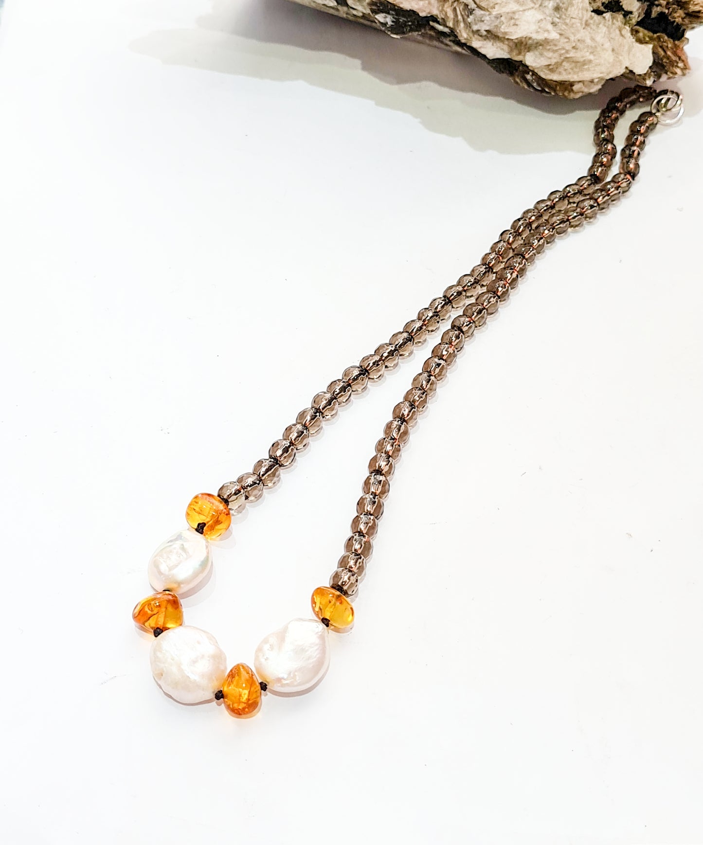 Smoky Quartz, Amber and Pearl Necklace